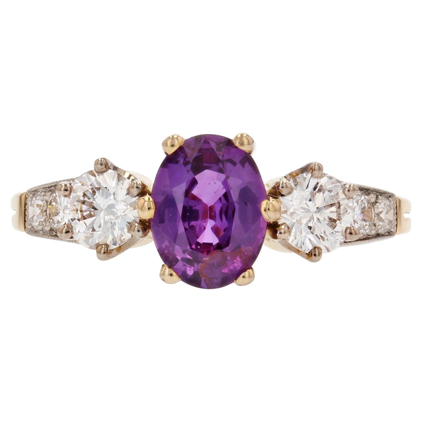 French Modern No Heat Purple Sapphire Diamonds 18 Karat Yellow Gold Ring For Sale