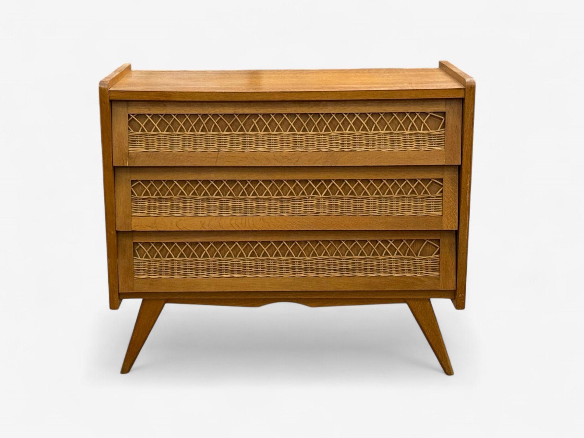 Mid-Century moderno Cassettiera moderna francese, Oak, Rattan, Francia, anni '60 in vendita