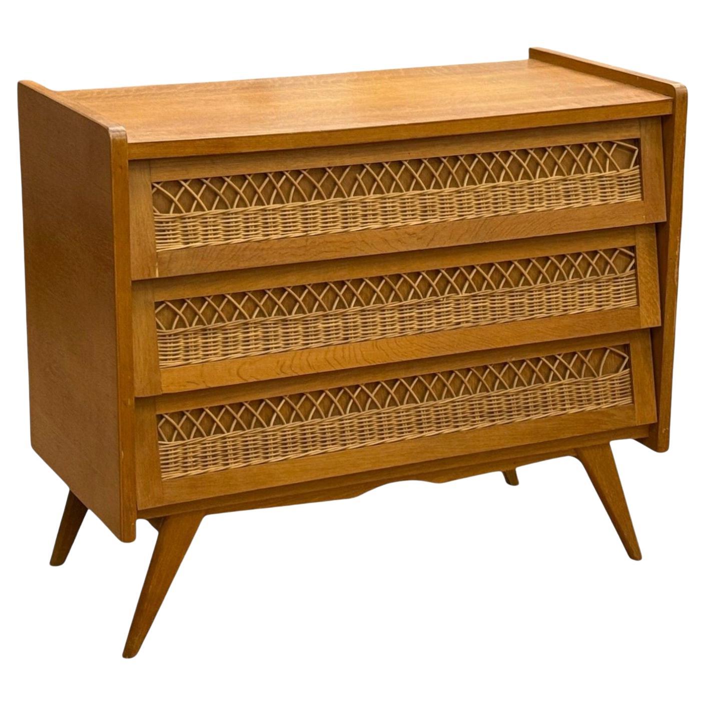 Cassettiera moderna francese, Oak, Rattan, Francia, anni '60