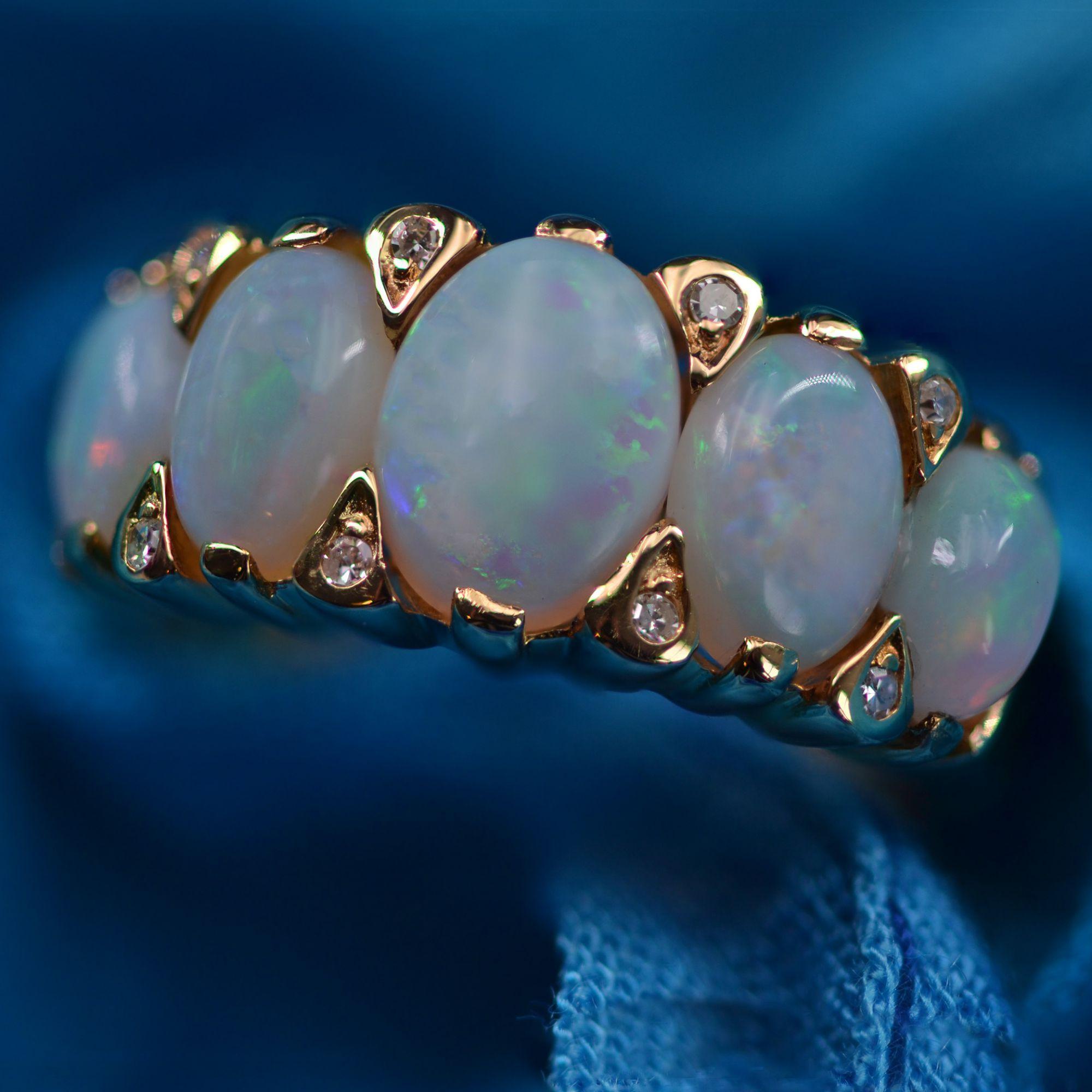 French Modern Opal Diamonds 18 Karat Yellow Gold Garter Ring 5