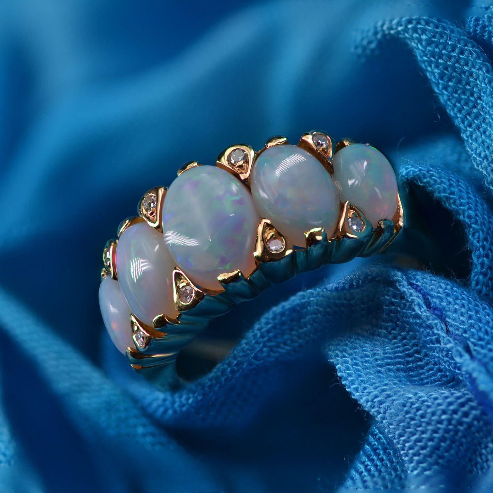 French Modern Opal Diamonds 18 Karat Yellow Gold Garter Ring 6