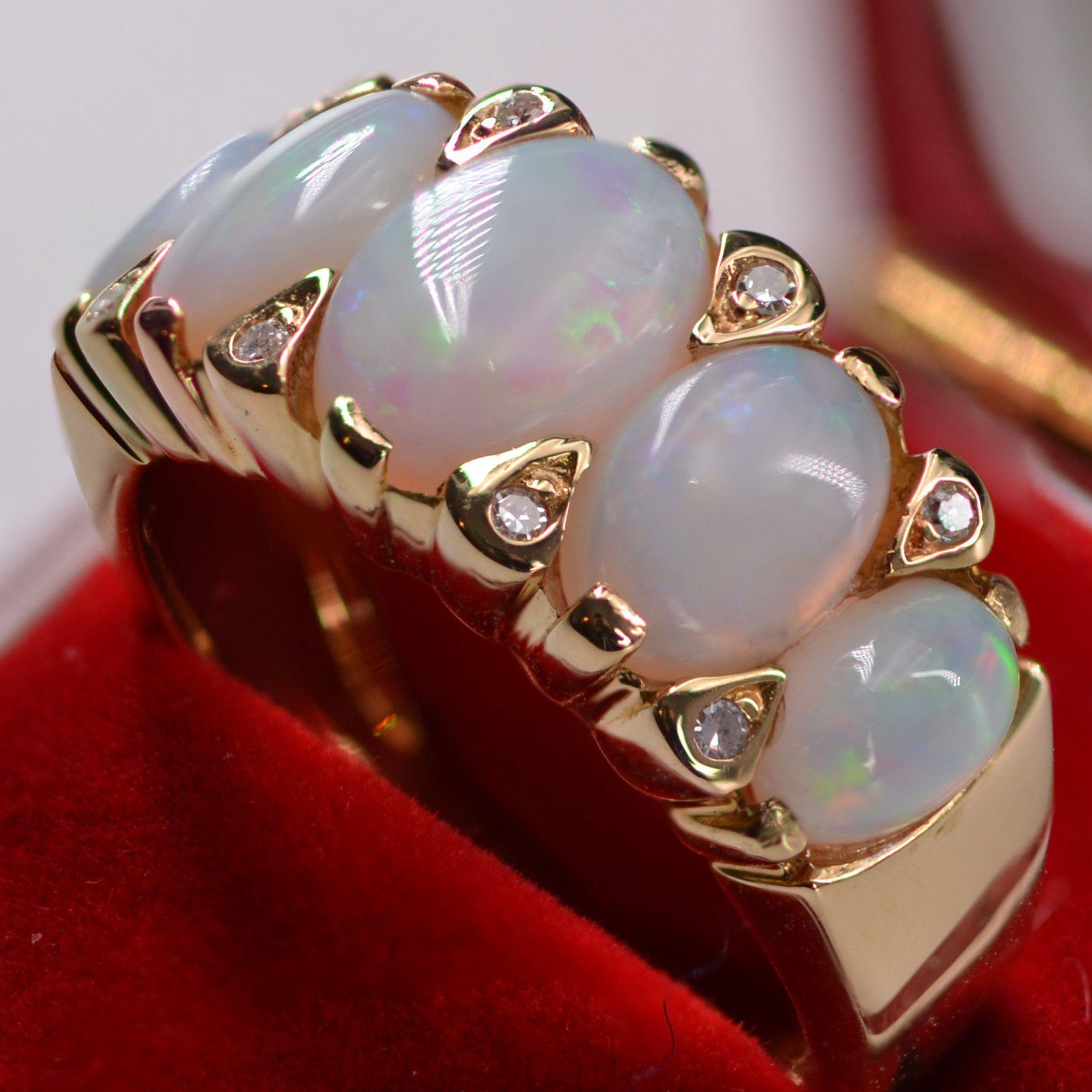 French Modern Opal Diamonds 18 Karat Yellow Gold Garter Ring 9