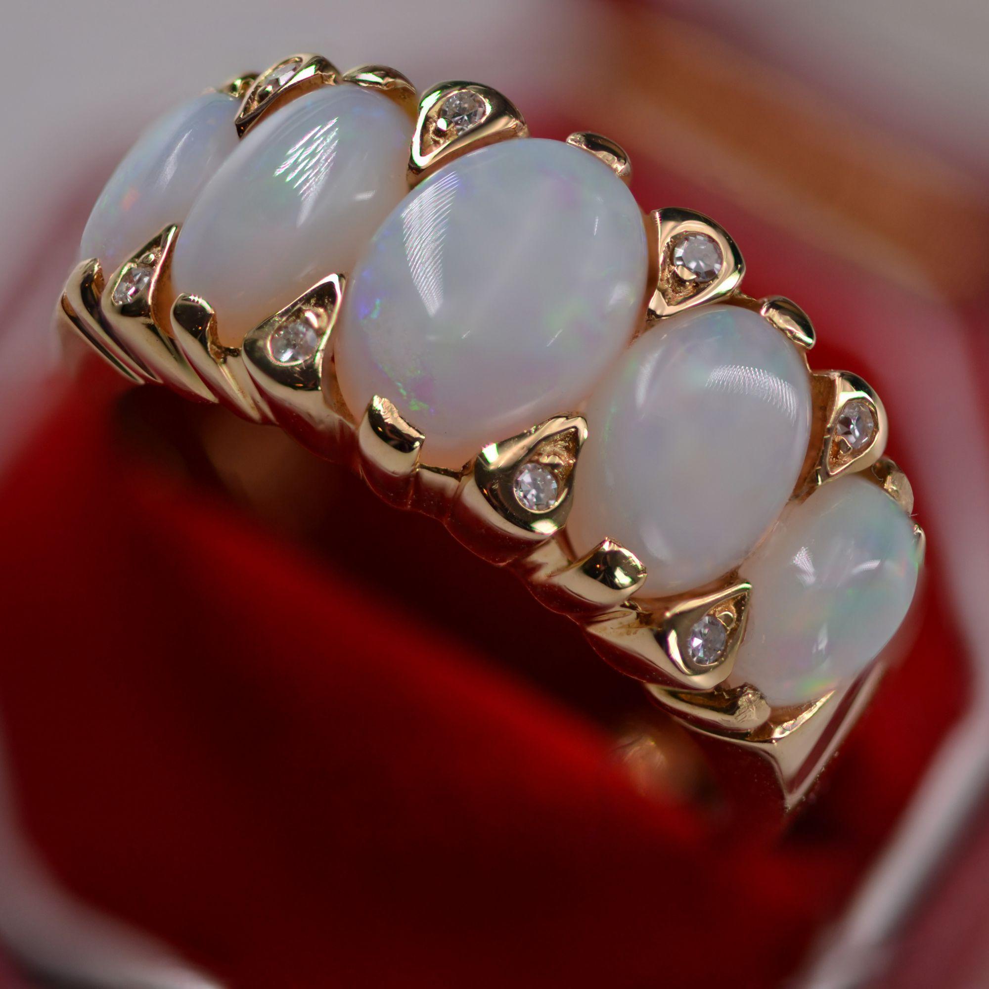 French Modern Opal Diamonds 18 Karat Yellow Gold Garter Ring 10