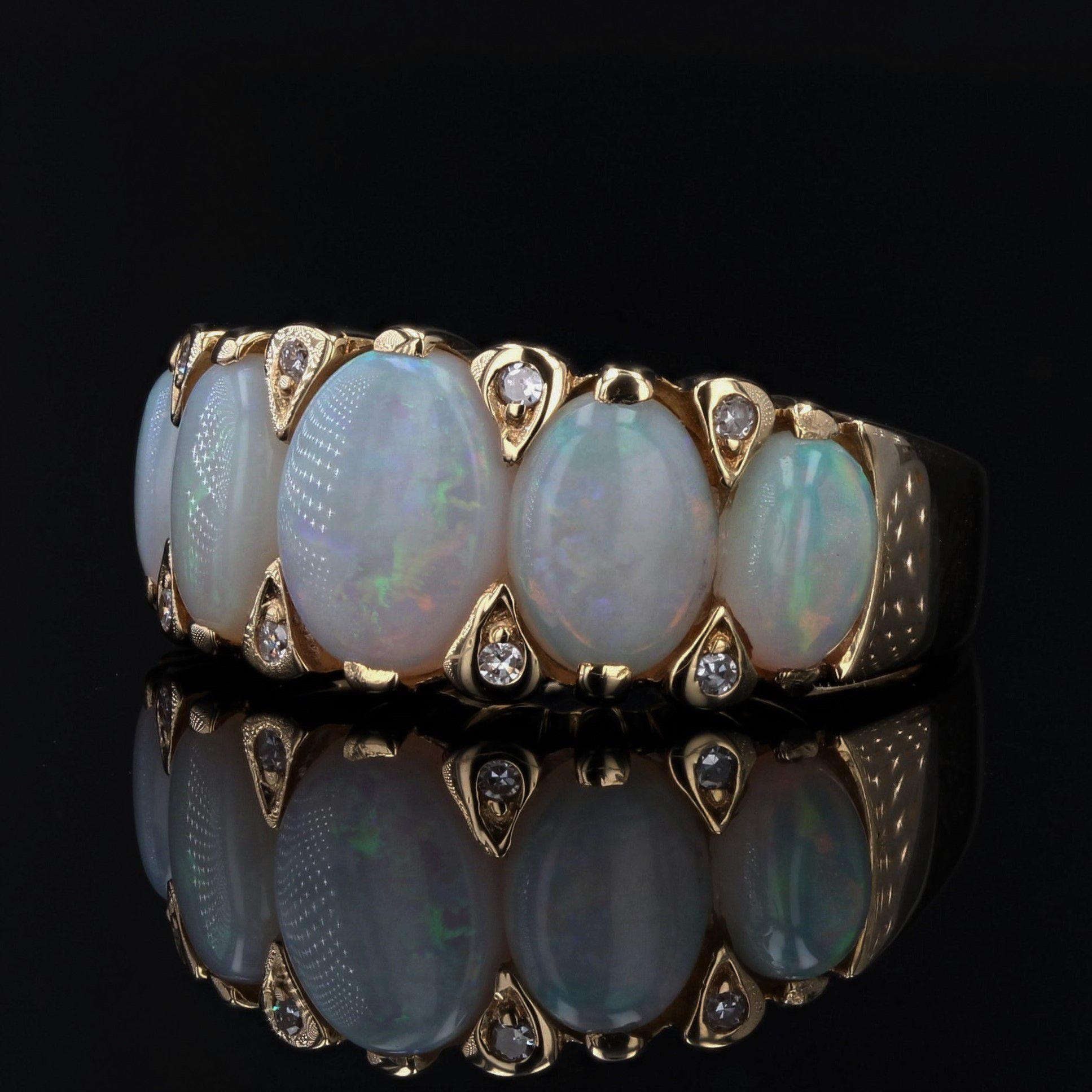 French Modern Opal Diamonds 18 Karat Yellow Gold Garter Ring In Good Condition In Poitiers, FR