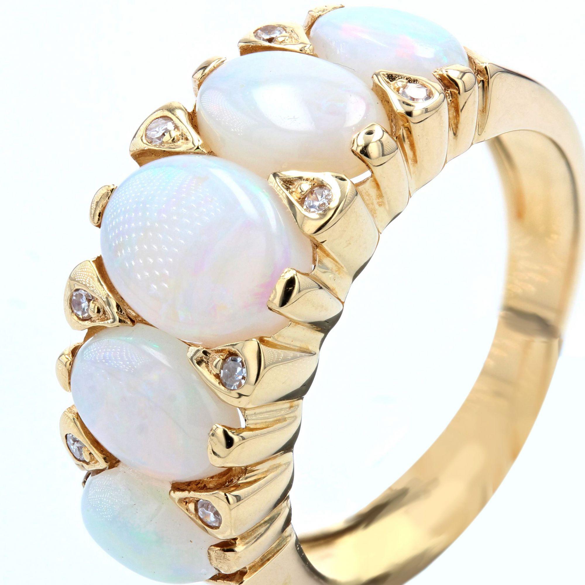 French Modern Opal Diamonds 18 Karat Yellow Gold Garter Ring 2
