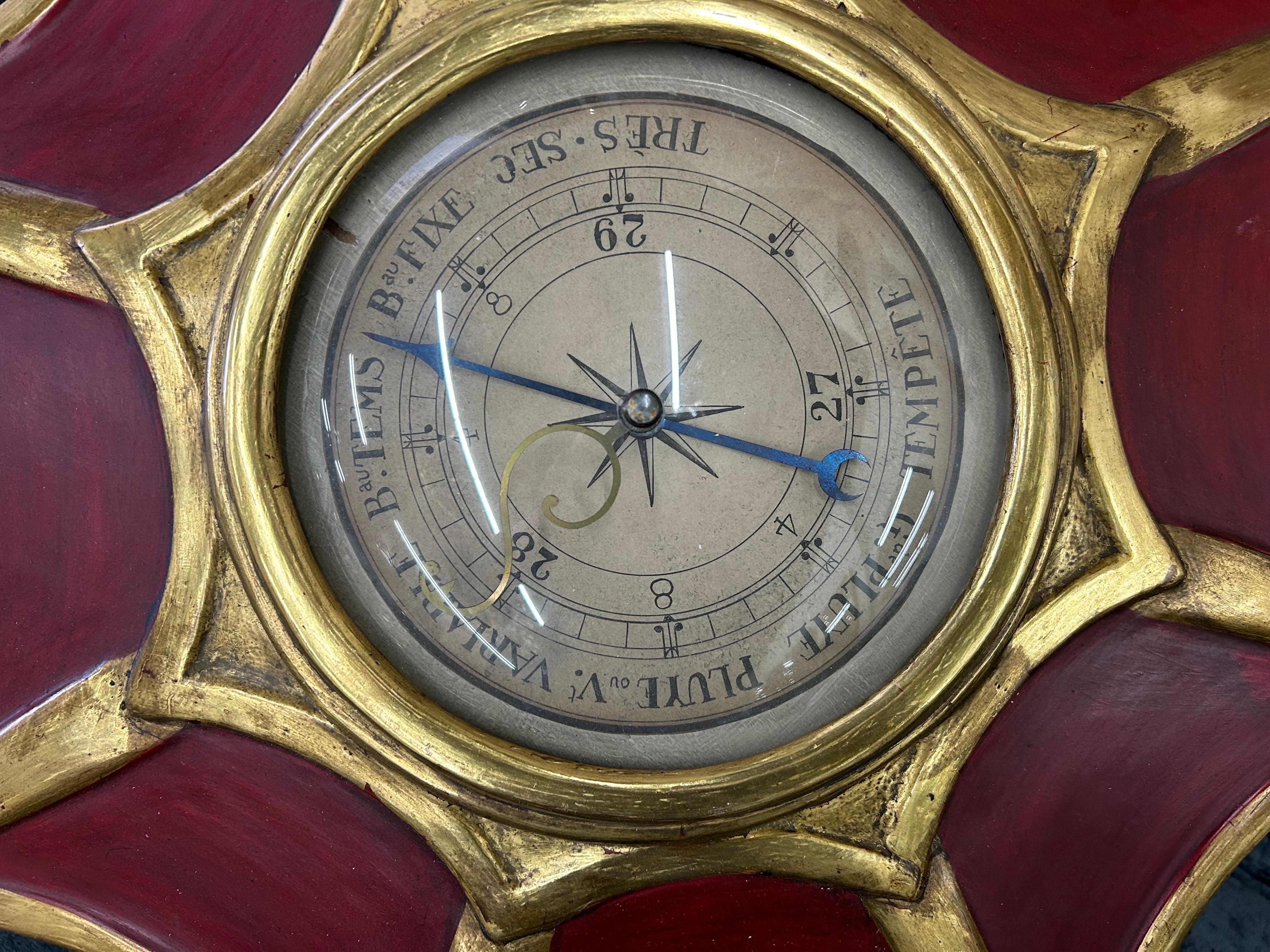 Mid-Century Modern Baromètre Sunburst moderne français peint et doré en vente