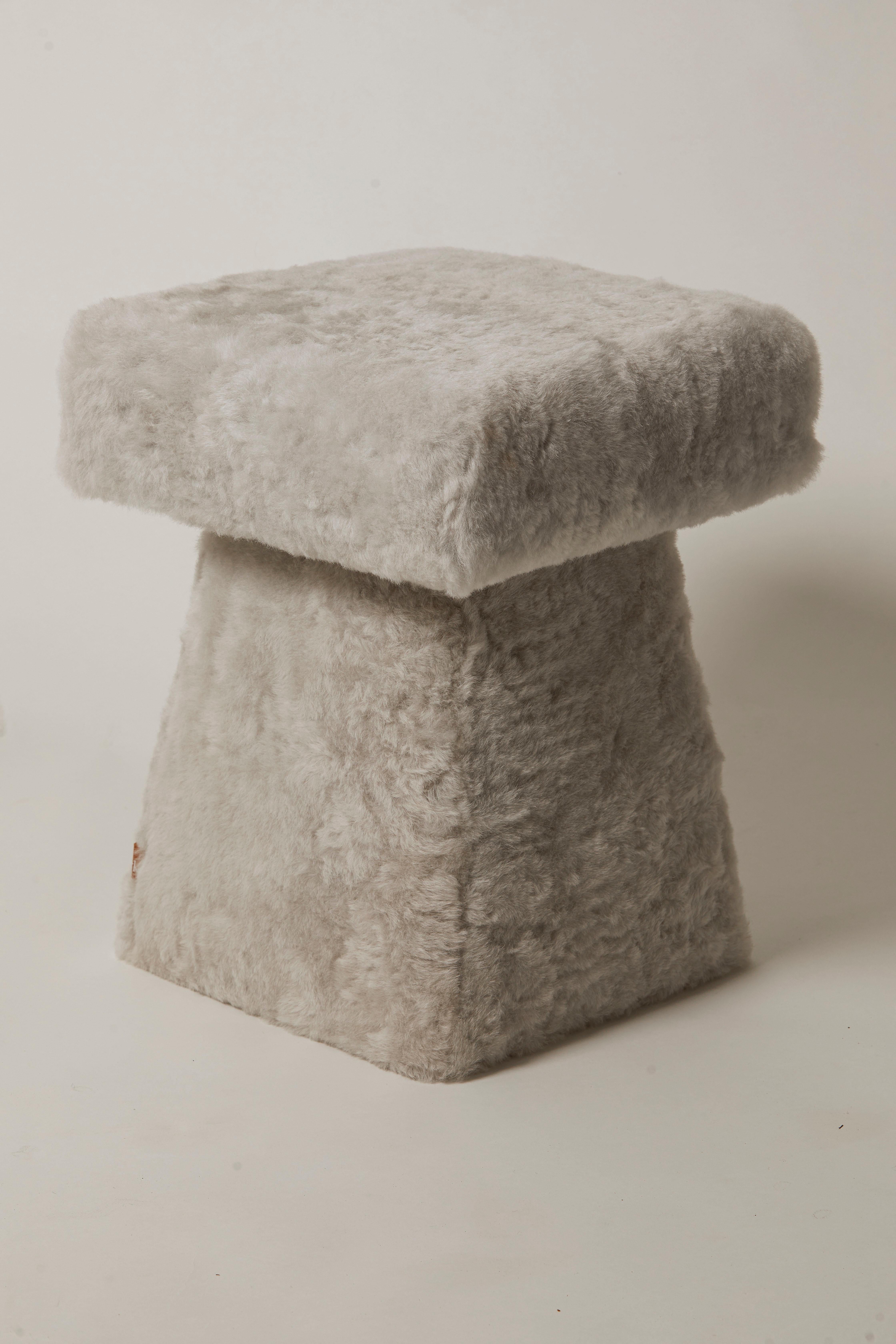 Contemporary French Modern Pair of Portobello Ottomans in Rock Grey Shearling For Sale