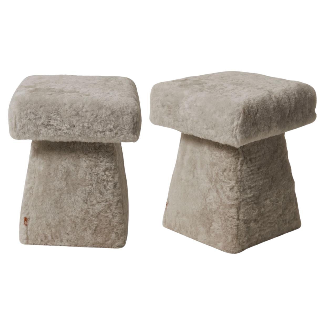 French Modern Pair of Portobello Ottomans in Rock Grey Shearling For Sale