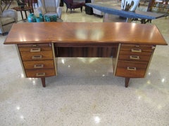 French Modern Palisander, Brass & Leather Trimmed Executive Desk, Maison Raphael
