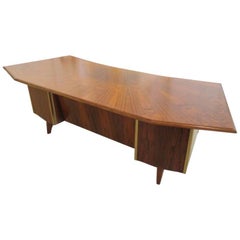 French Modern Palisander, Brass & Leather Trimmed Executive Desk, Maison Raphael