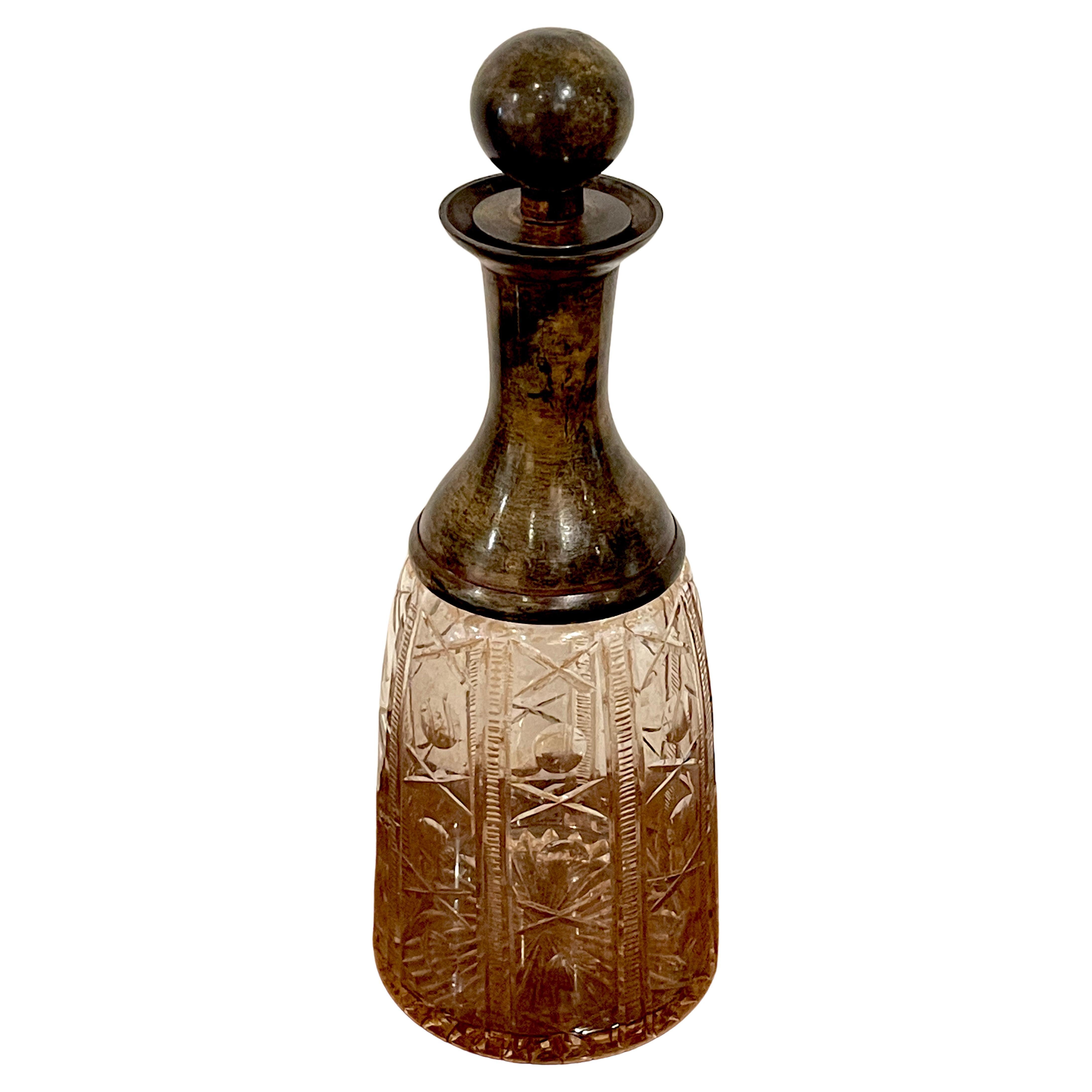 French Modern Patinated Bronze & 'X&O' Cut Glass Decanter, Larger For Sale