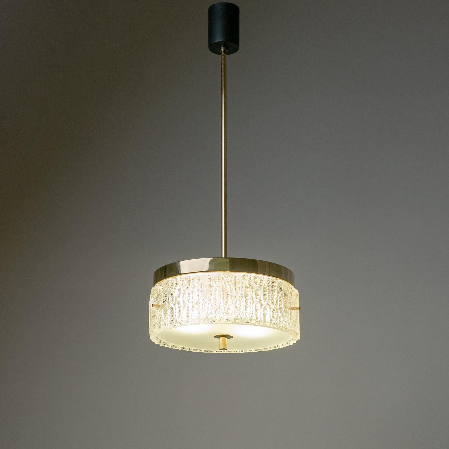 Mid-20th Century French Modern Pendant, 1960s, Textured Glass and Gilt Brass For Sale