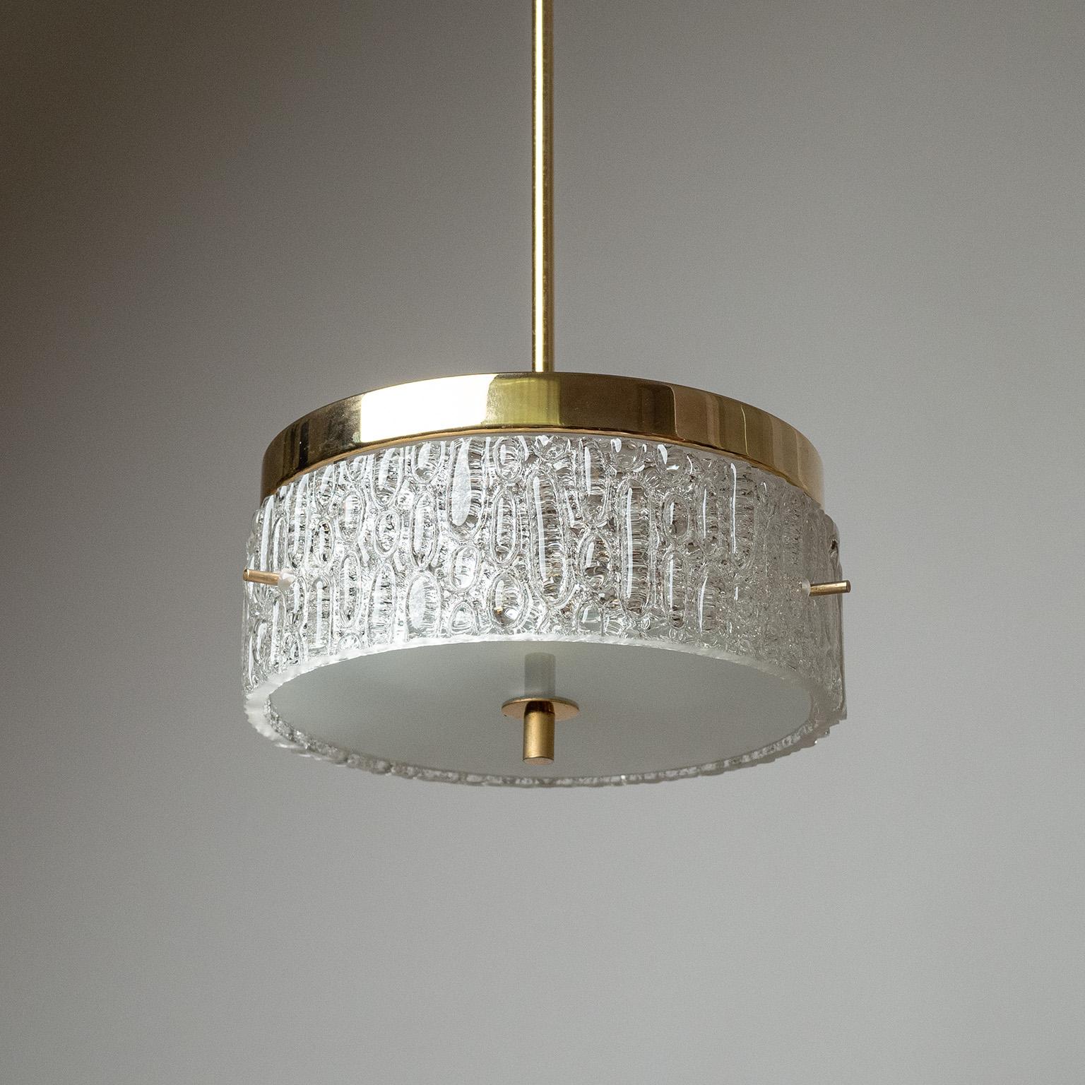 French Modern Pendant, 1960s, Textured Glass and Gilt Brass For Sale 1