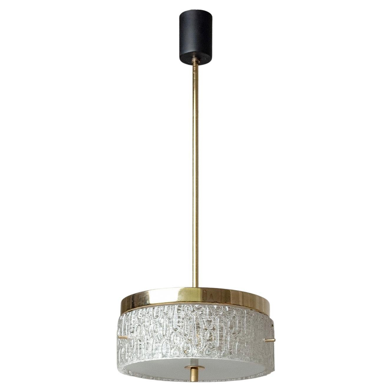 French Modern Pendant, 1960s, Textured Glass and Gilt Brass