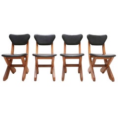 French Modern Pine and Black Leather Dining Chairs