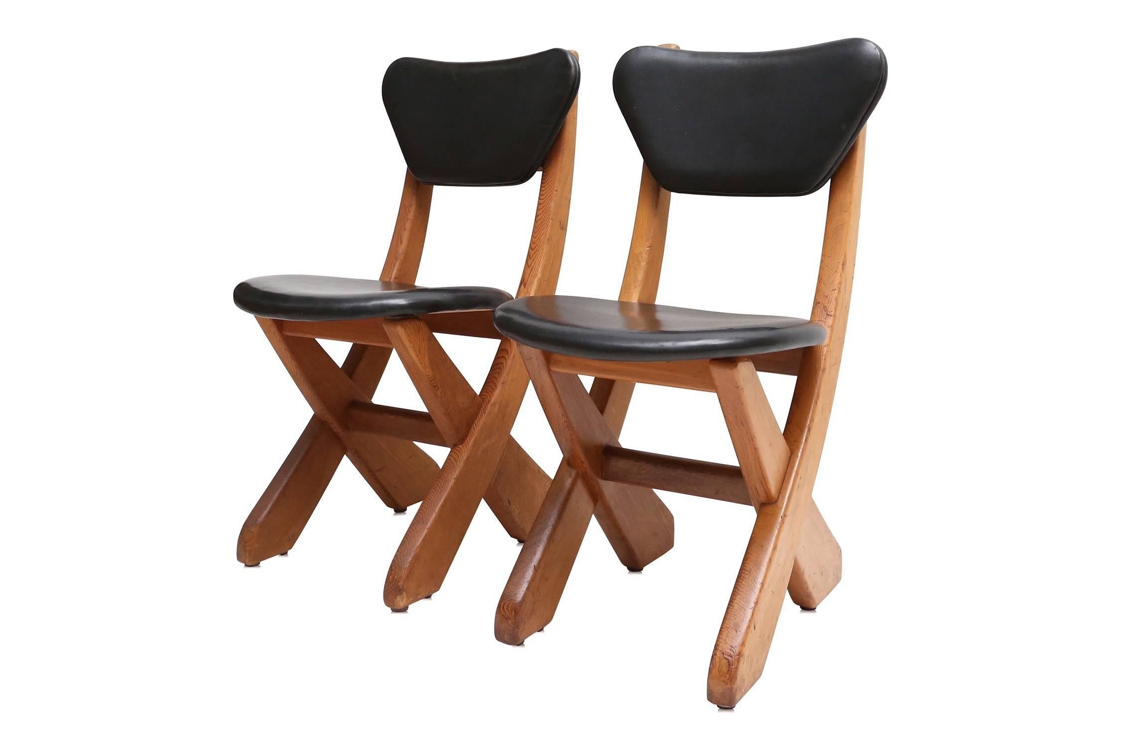 Mid-Century Modern French Modern Pine and Black Leather Dining Chairs