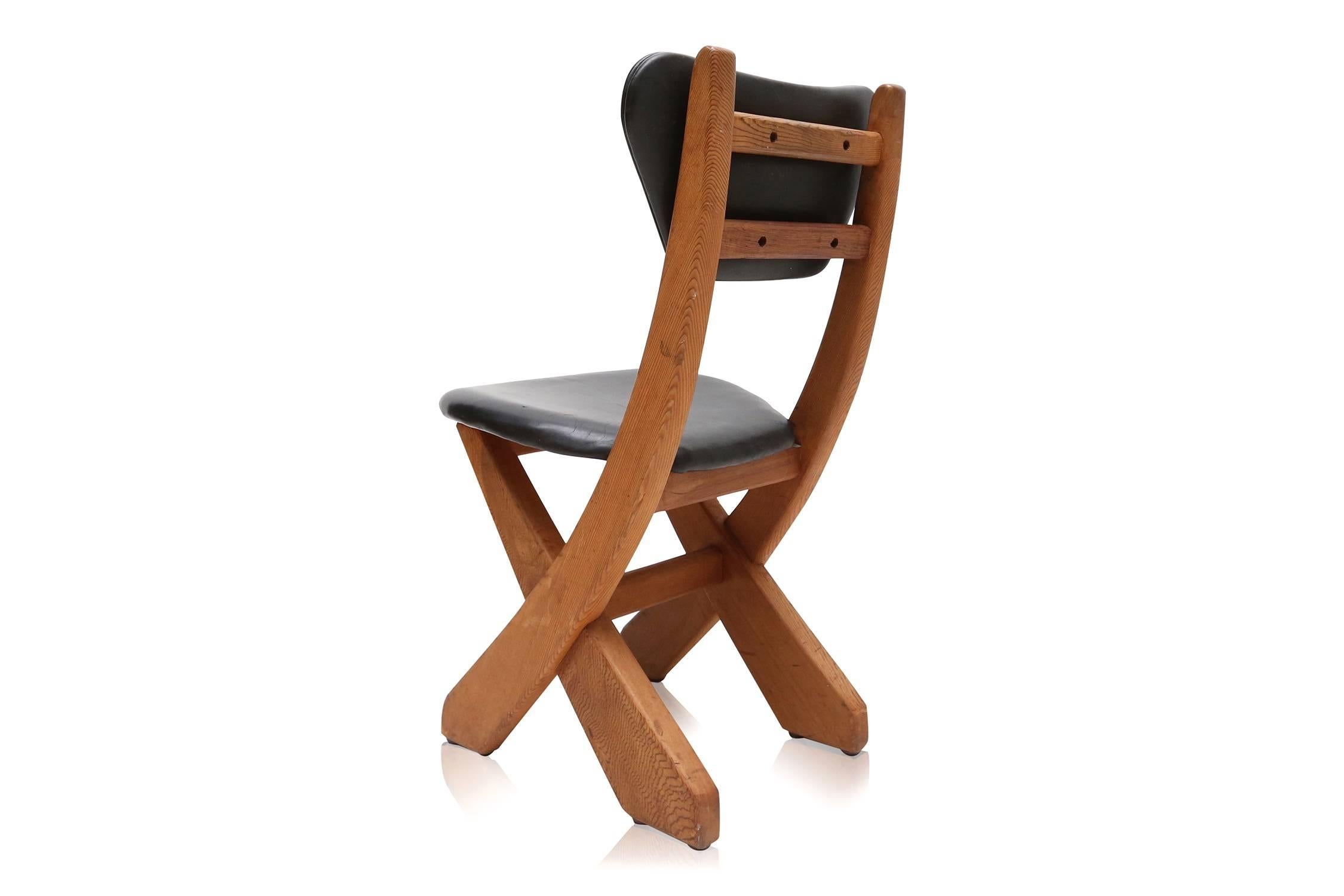 Danish French Modern Pine and Black Leather Dining Chairs