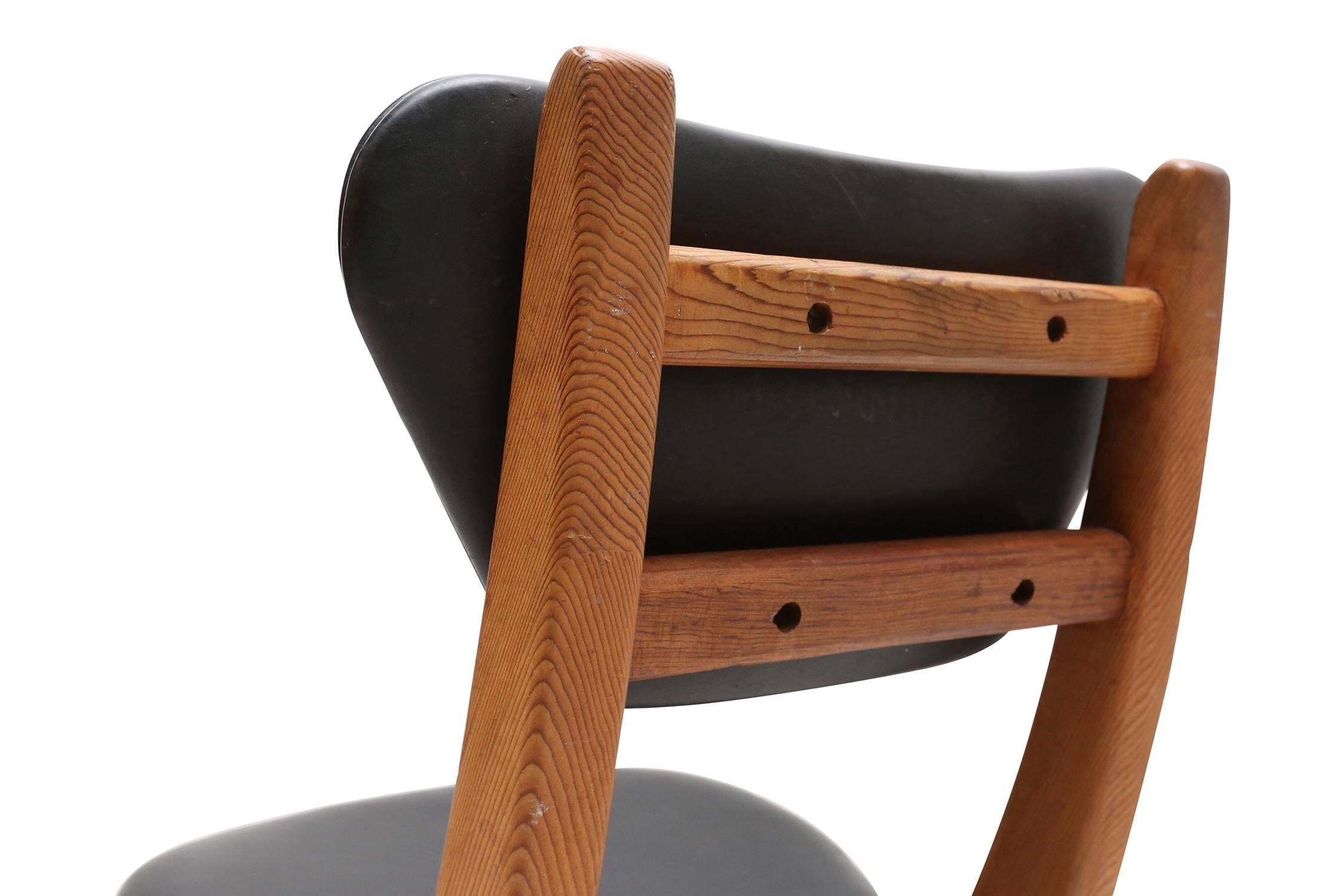 French Modern Pine and Black Leather Dining Chairs 1