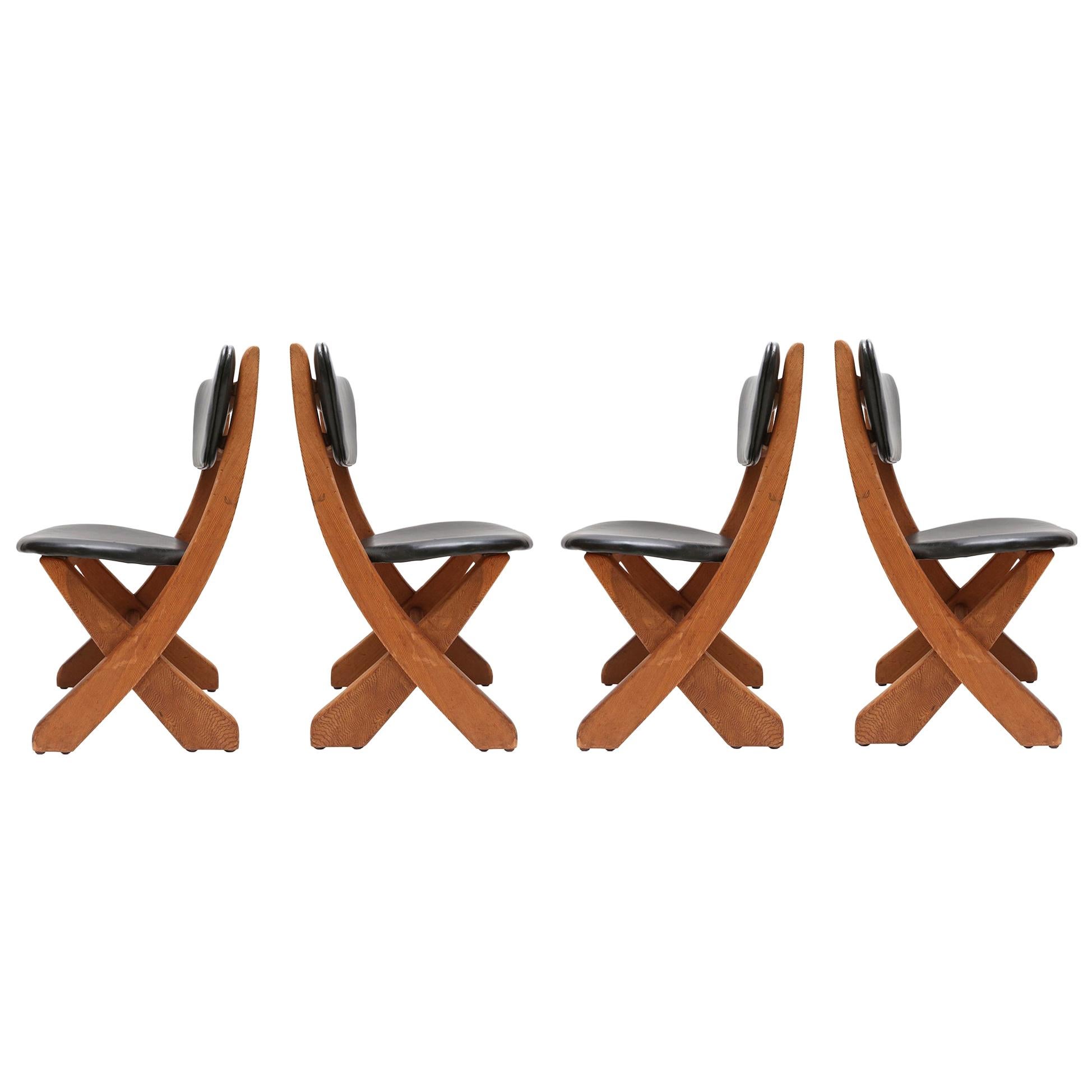 French Modern Pine and Black Leather Dining Chairs