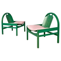 French modern pink leather and green wood Argos armchairs by Baumann, 1970s