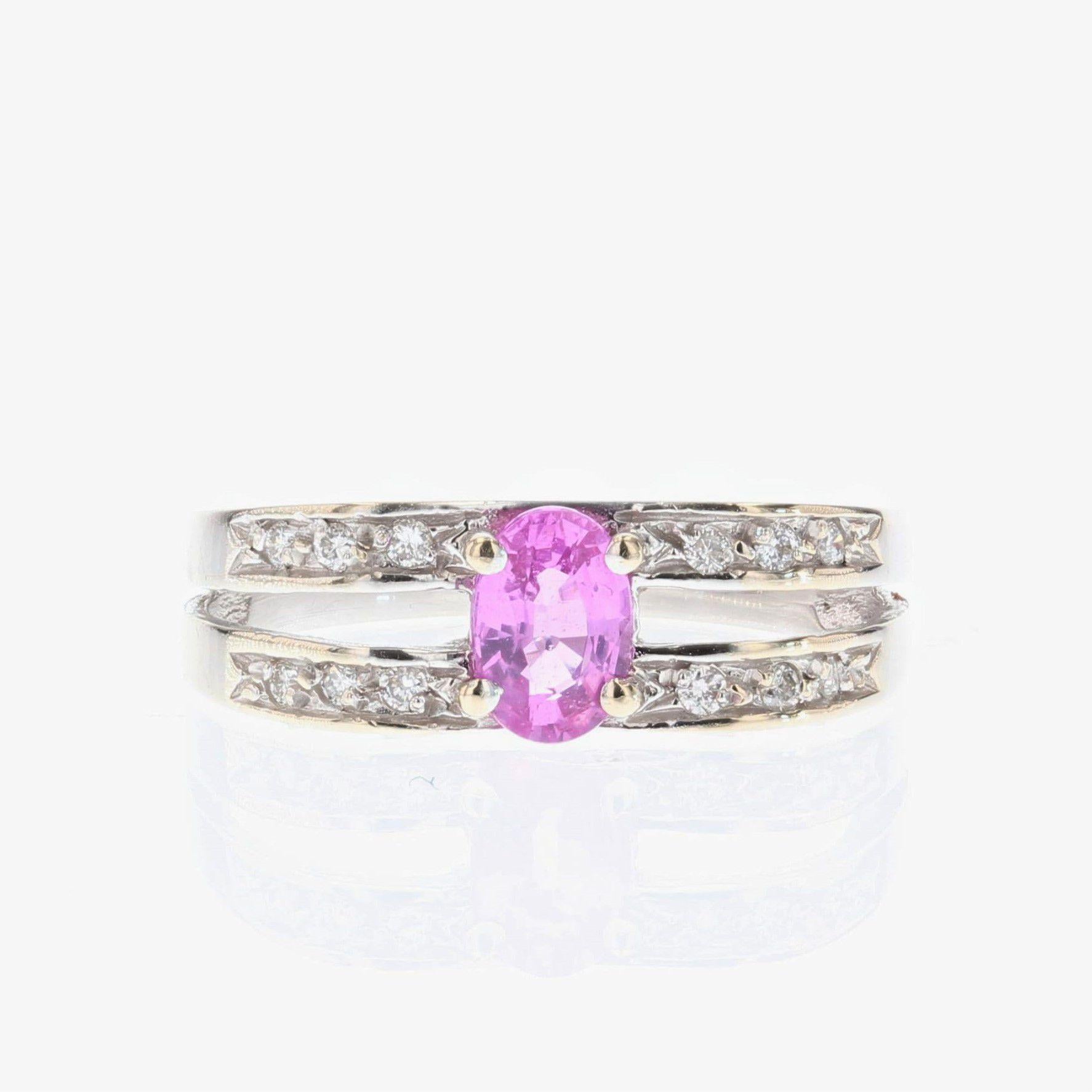 French Modern Pink Sapphire Diamonds 18 Karat White Gold Ring For Sale 9
