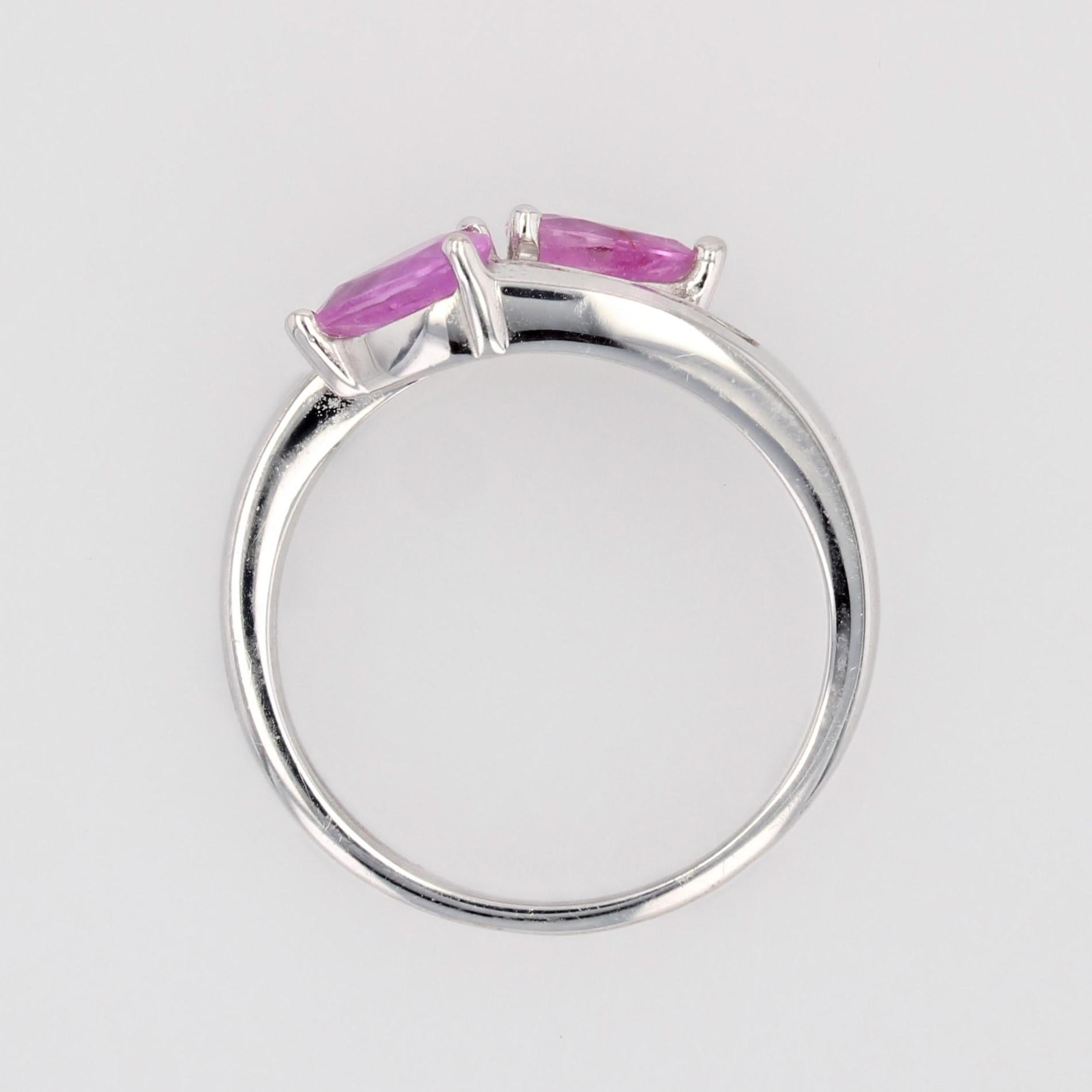 French Modern Pink Sapphire Diamonds 18 Karat White Gold You and Me Ring For Sale 5