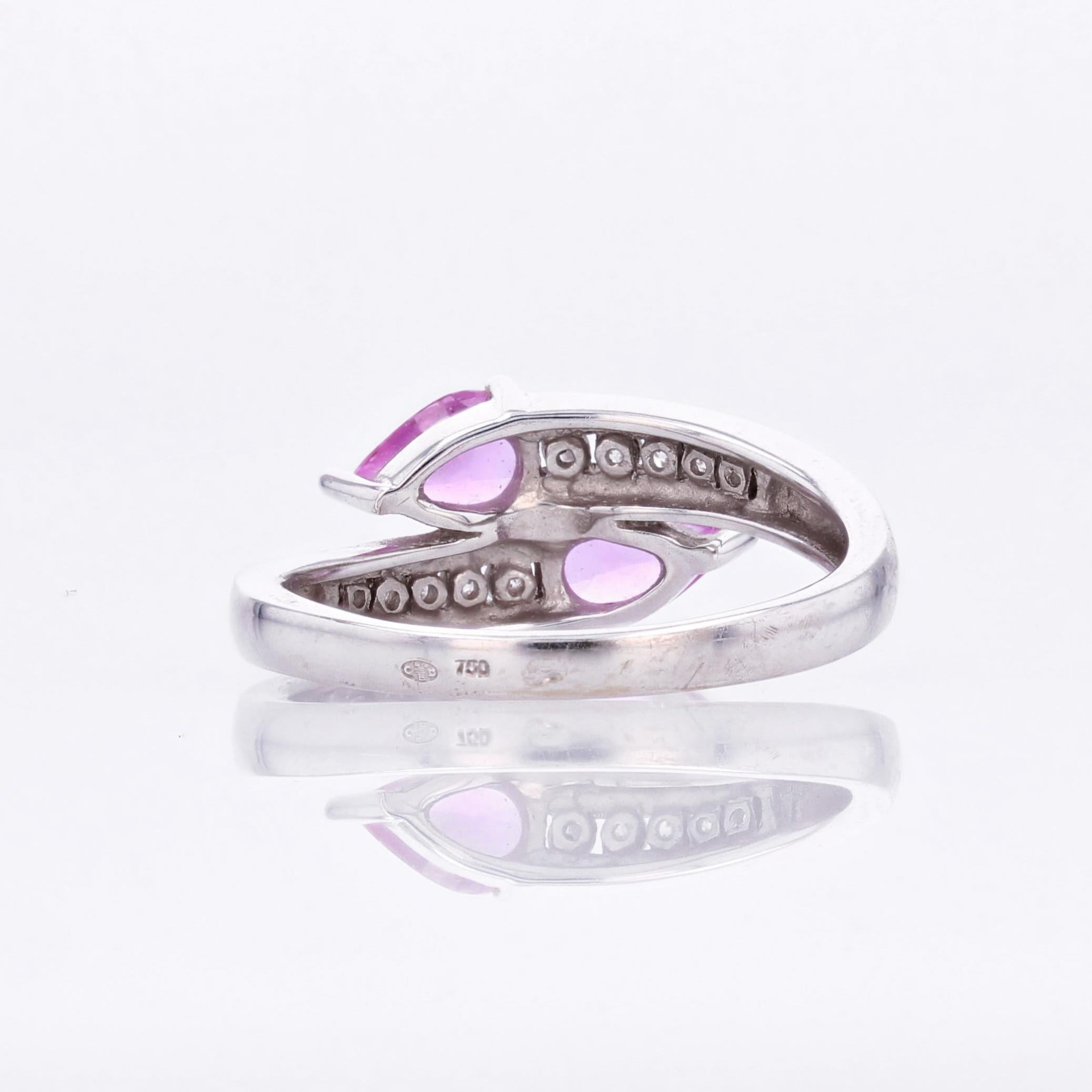 French Modern Pink Sapphire Diamonds 18 Karat White Gold You and Me Ring For Sale 6