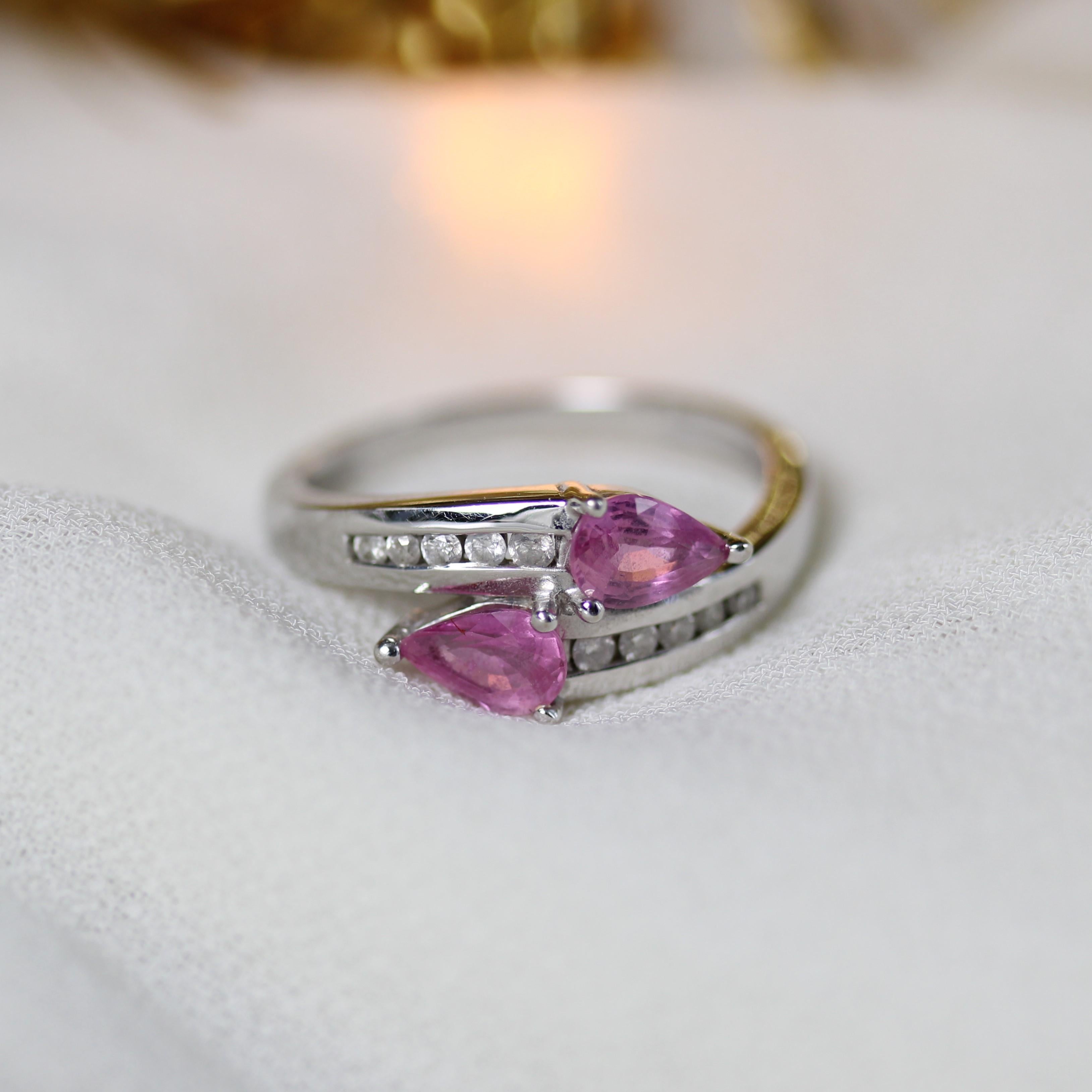 French Modern Pink Sapphire Diamonds 18 Karat White Gold You and Me Ring For Sale 7