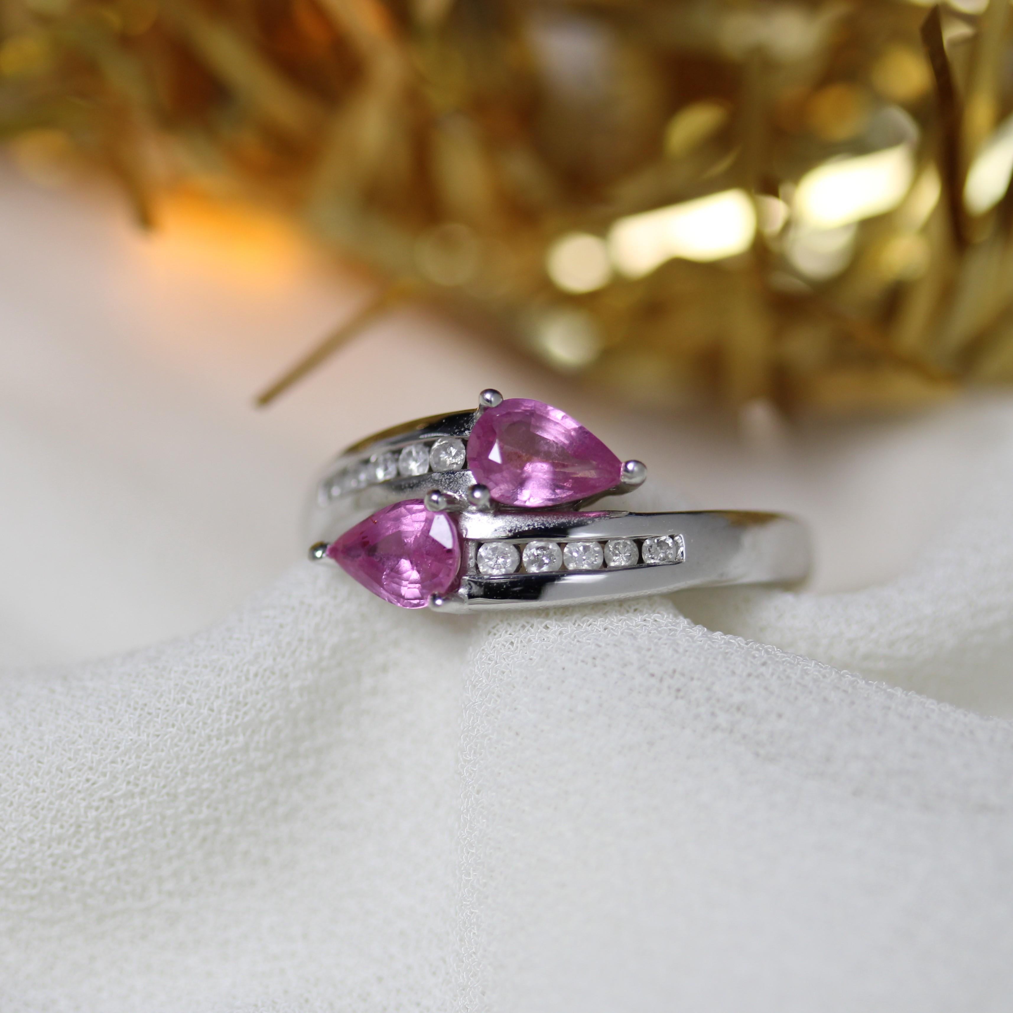 French Modern Pink Sapphire Diamonds 18 Karat White Gold You and Me Ring For Sale 8