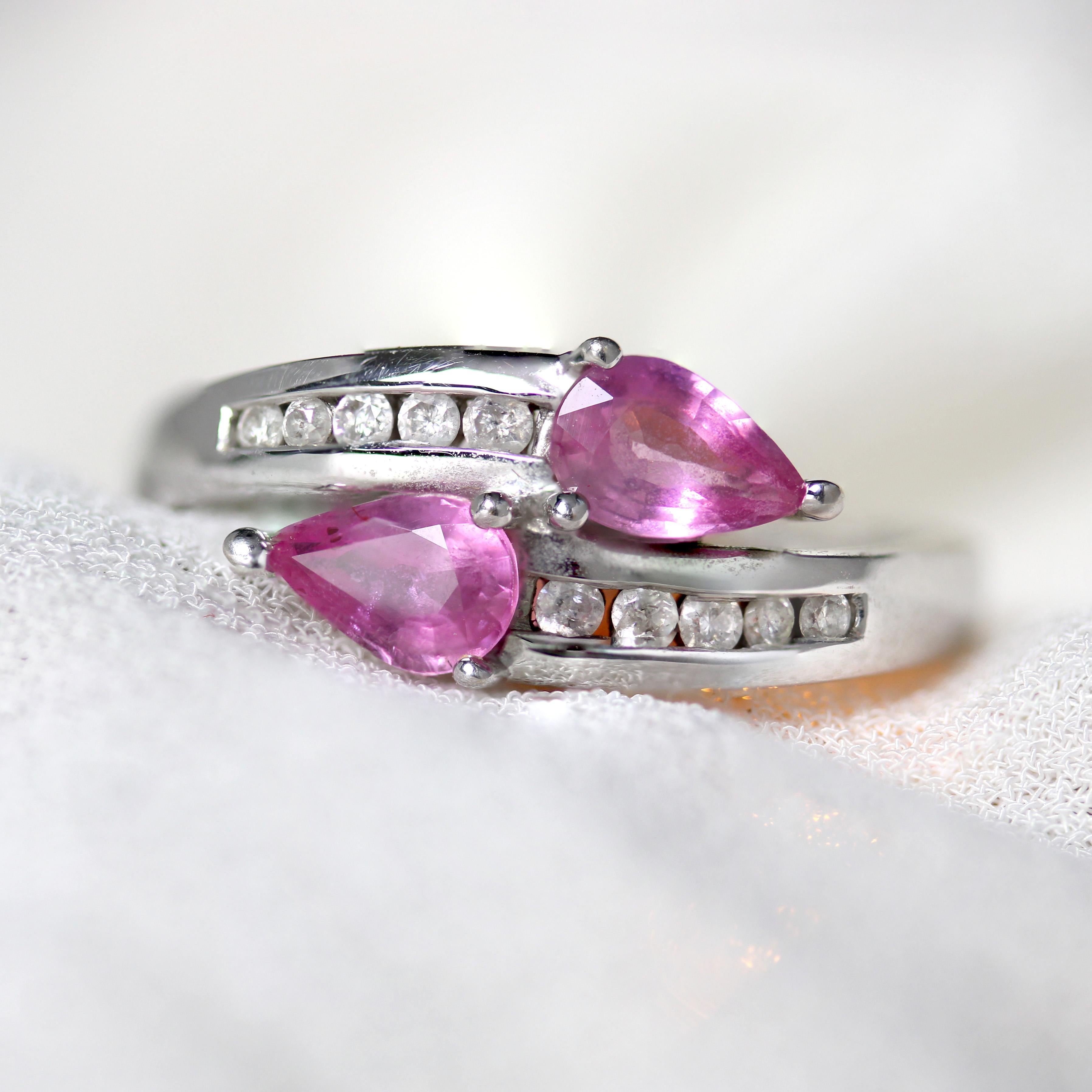 French Modern Pink Sapphire Diamonds 18 Karat White Gold You and Me Ring For Sale 9