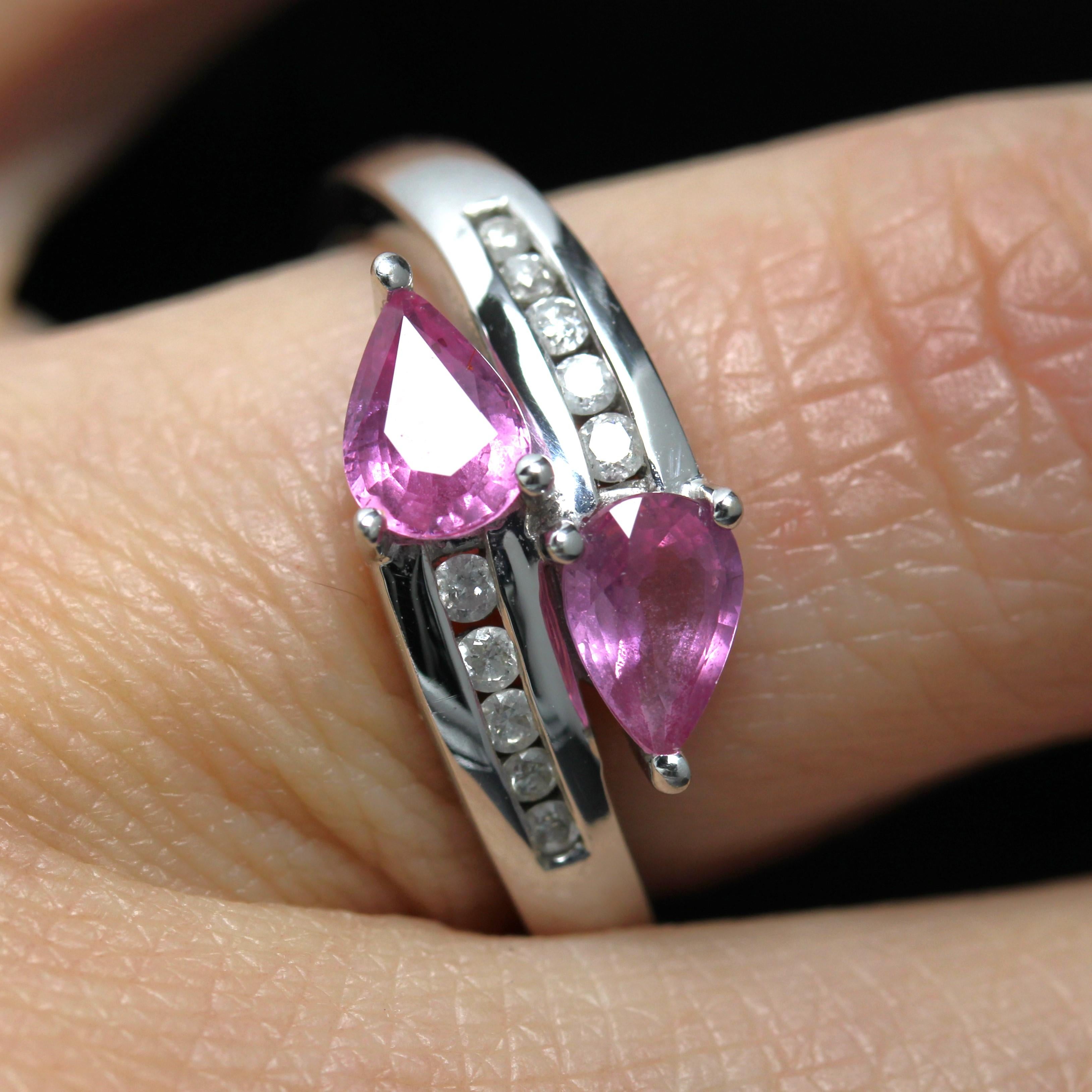 French Modern Pink Sapphire Diamonds 18 Karat White Gold You and Me Ring For Sale 10