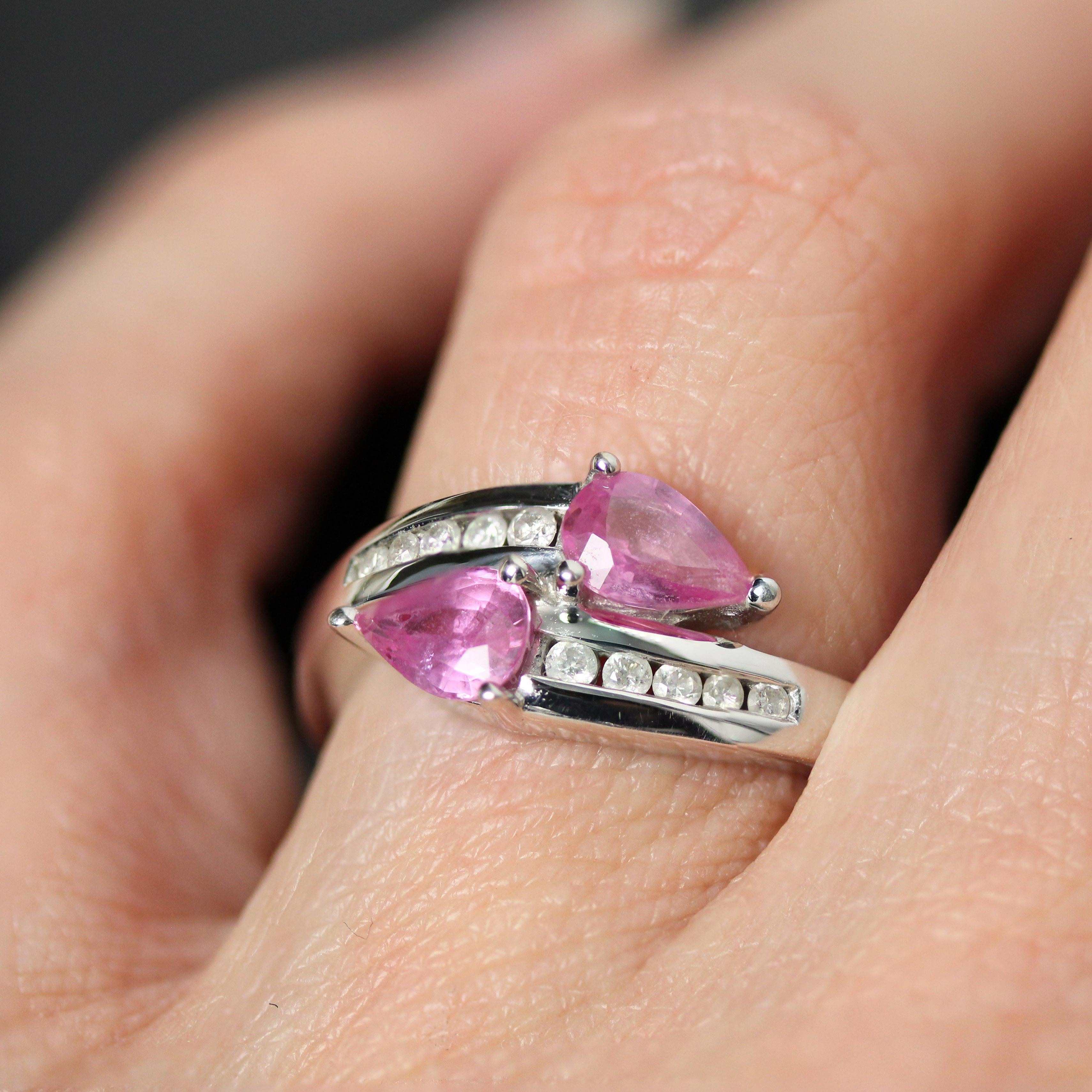 French Modern Pink Sapphire Diamonds 18 Karat White Gold You and Me Ring For Sale 11