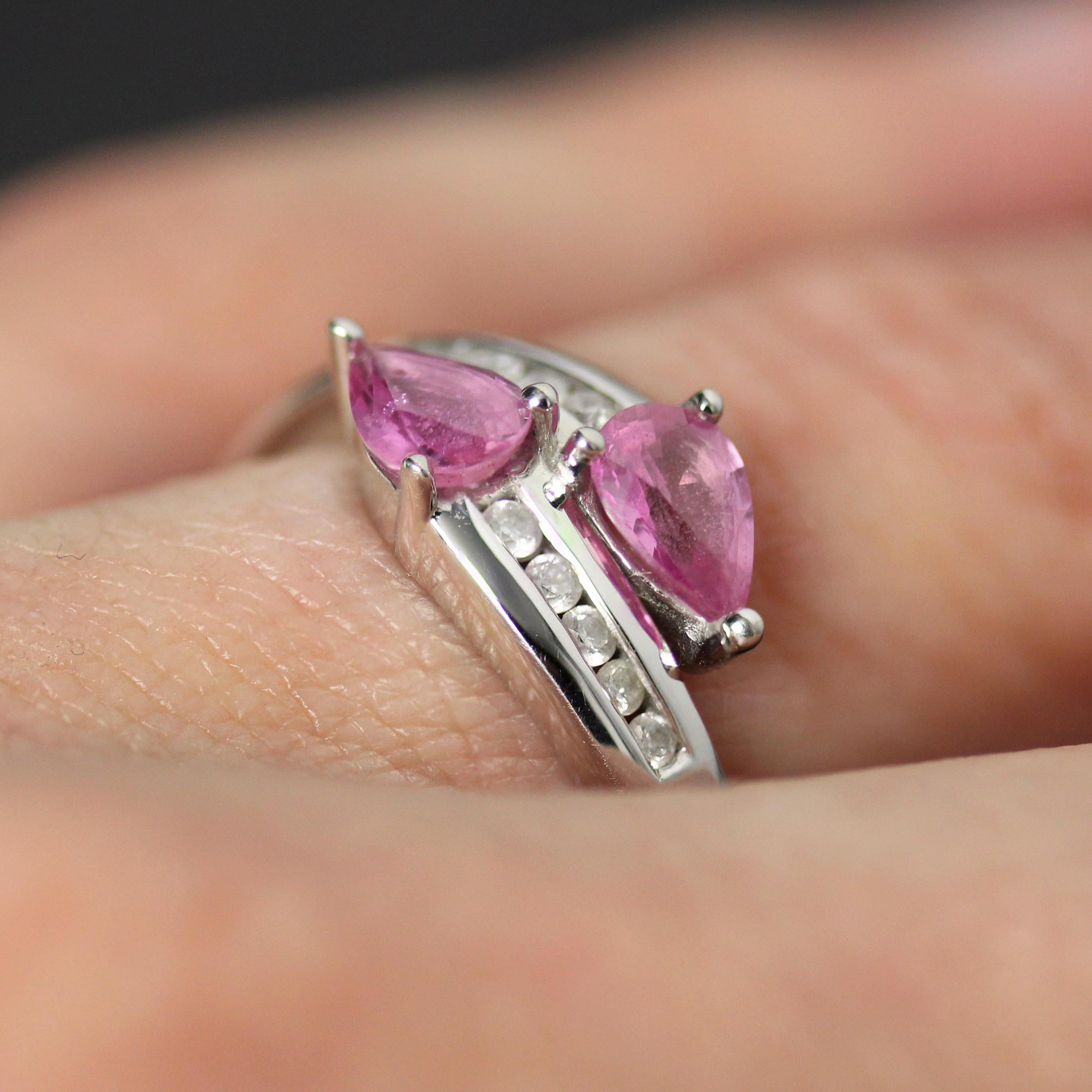 French Modern Pink Sapphire Diamonds 18 Karat White Gold You and Me Ring For Sale 12