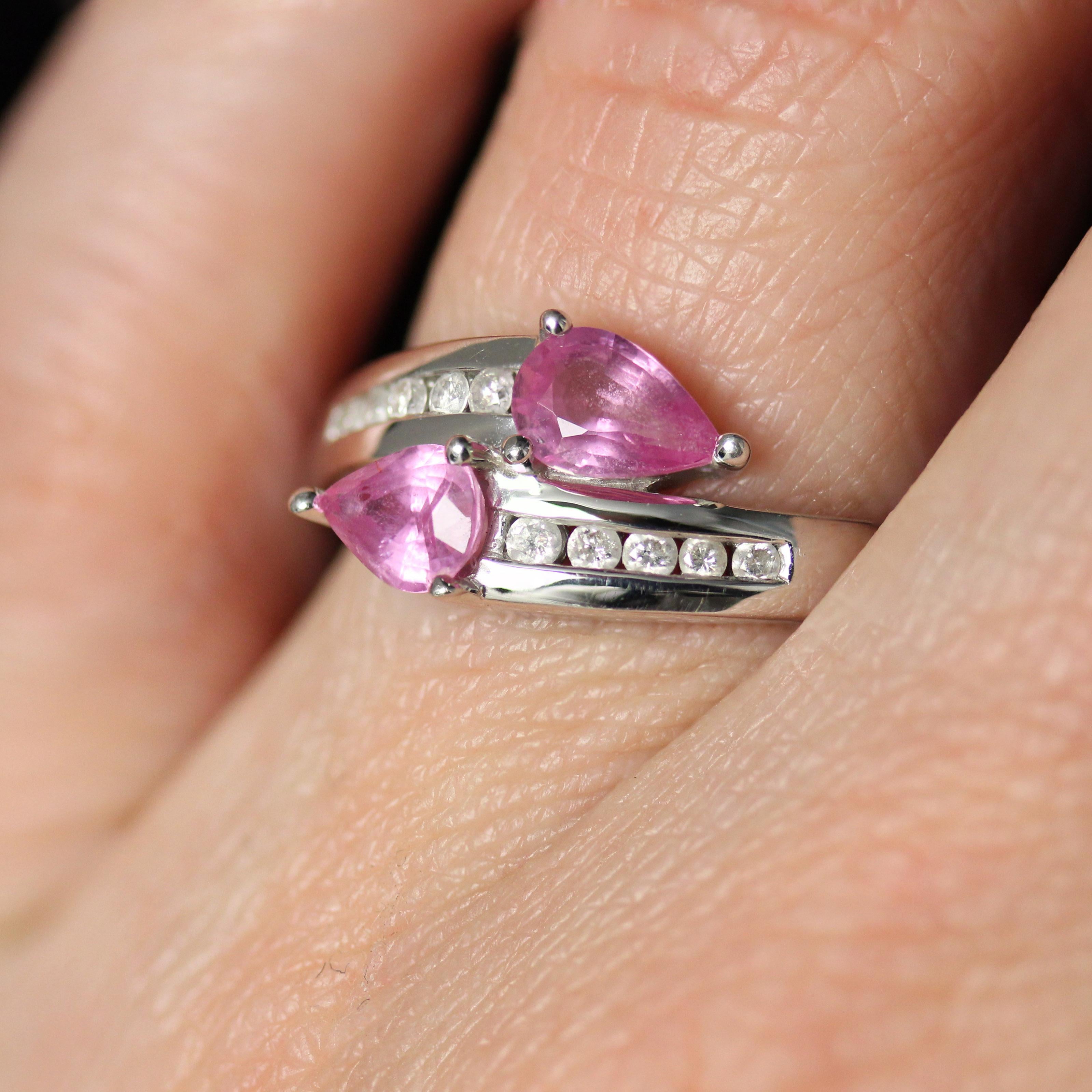 French Modern Pink Sapphire Diamonds 18 Karat White Gold You and Me Ring For Sale 13