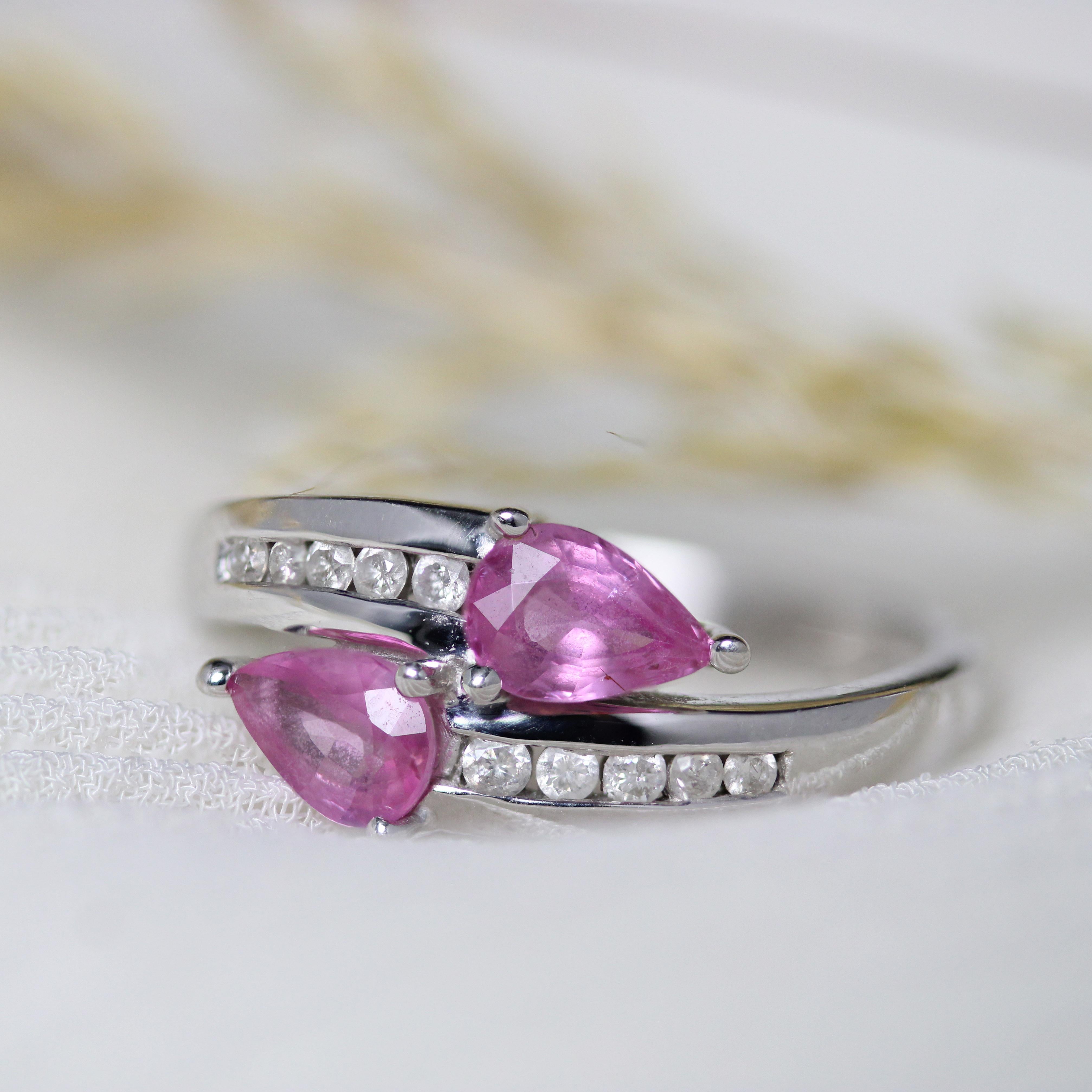 French Modern Pink Sapphire Diamonds 18 Karat White Gold You and Me Ring For Sale 14