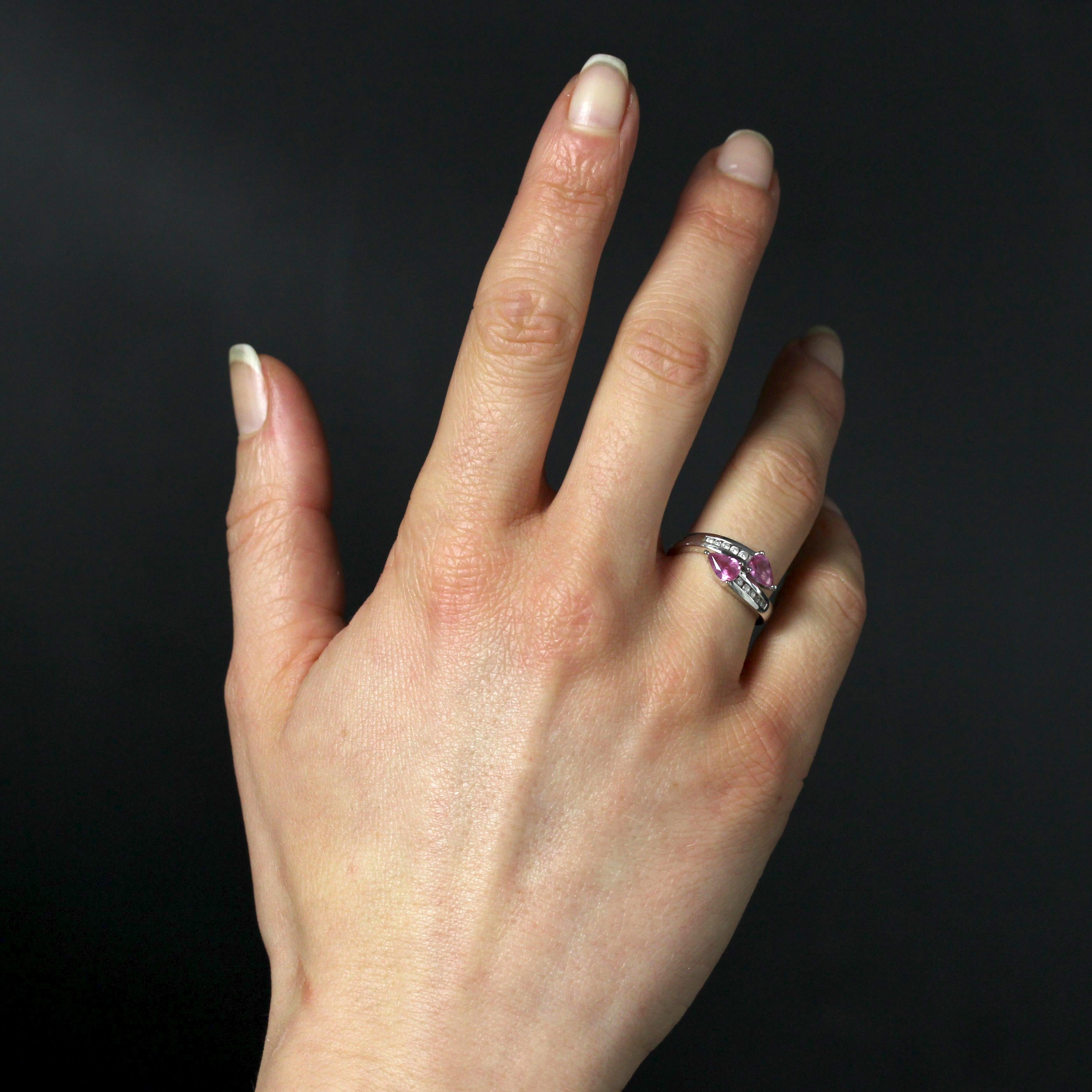 Pear Cut French Modern Pink Sapphire Diamonds 18 Karat White Gold You and Me Ring For Sale