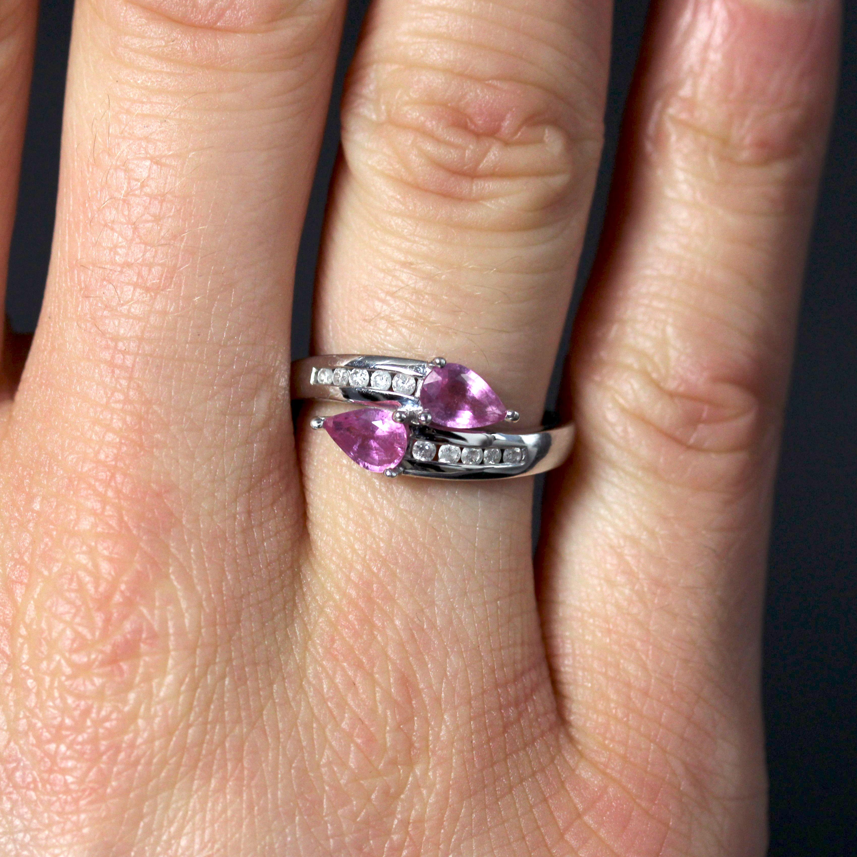 Women's French Modern Pink Sapphire Diamonds 18 Karat White Gold You and Me Ring For Sale