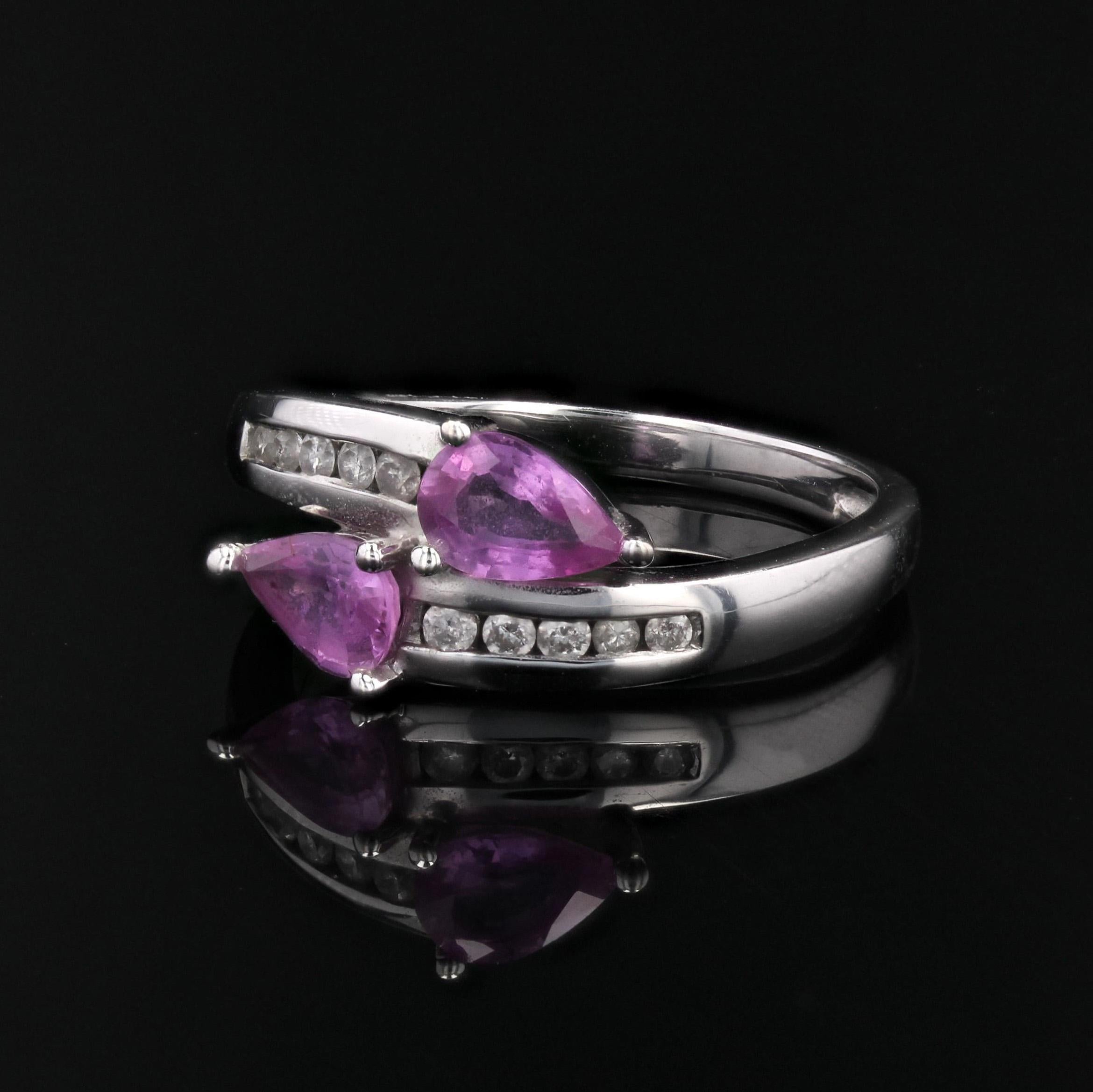 French Modern Pink Sapphire Diamonds 18 Karat White Gold You and Me Ring For Sale 1