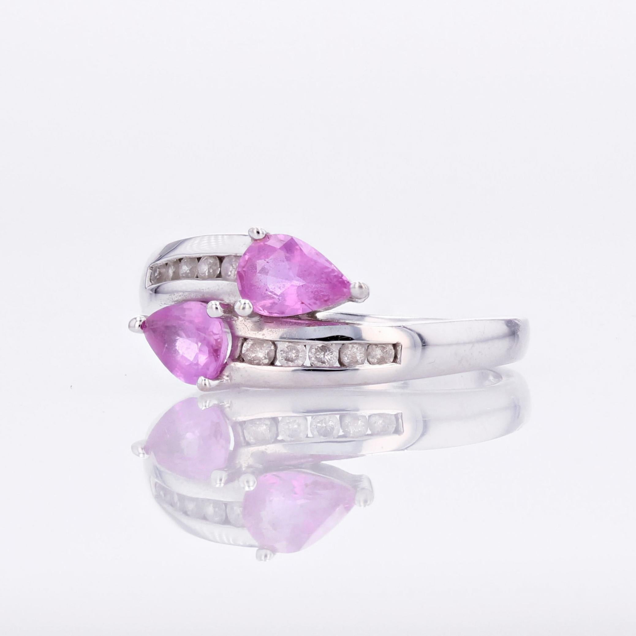 French Modern Pink Sapphire Diamonds 18 Karat White Gold You and Me Ring For Sale 2