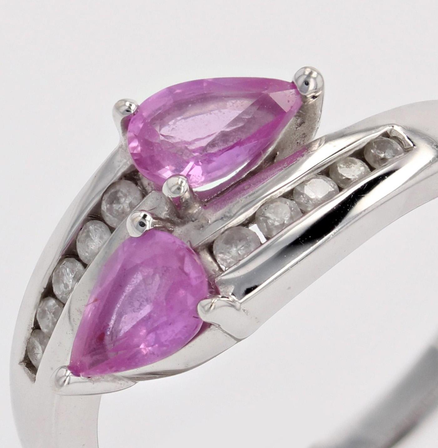 French Modern Pink Sapphire Diamonds 18 Karat White Gold You and Me Ring For Sale 3