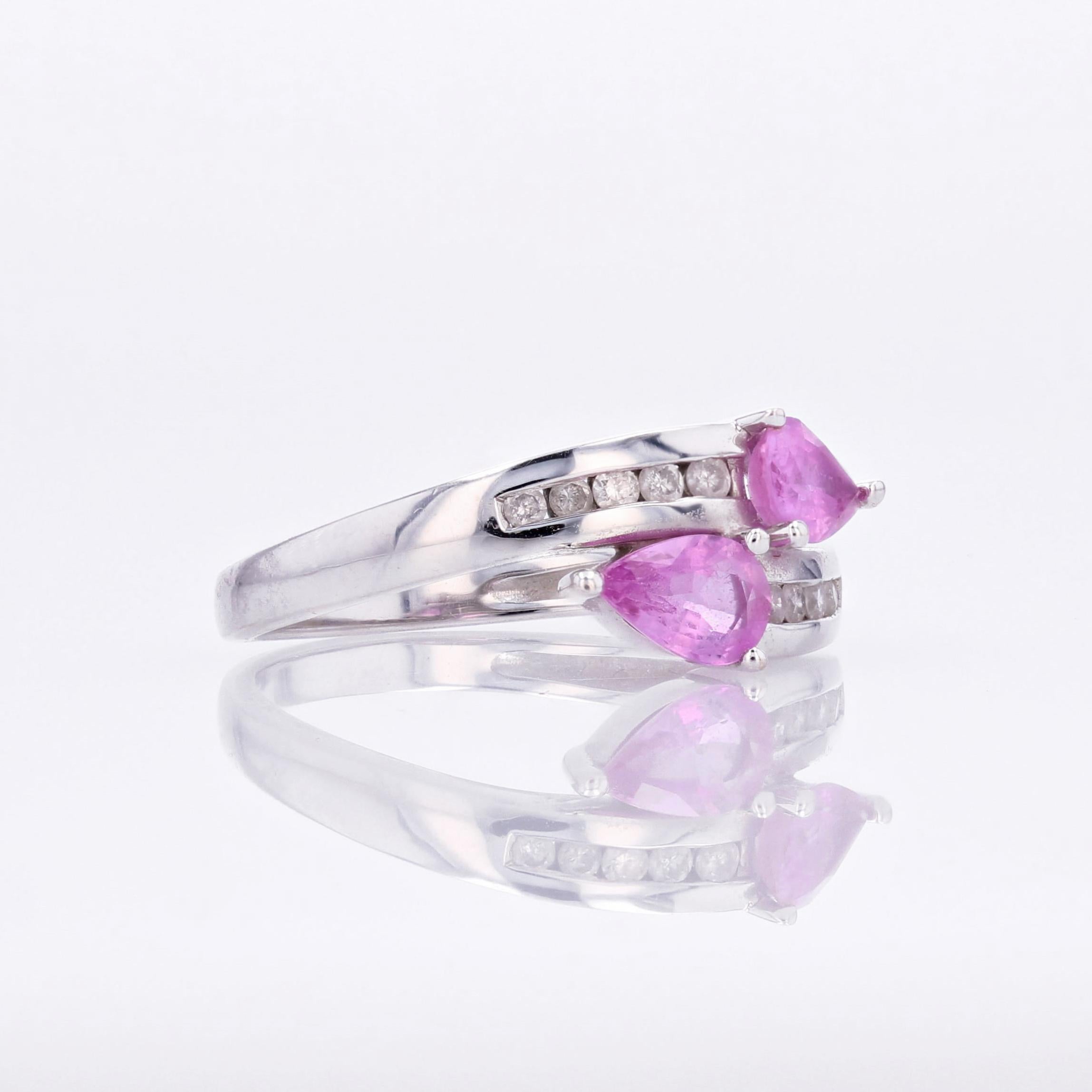 French Modern Pink Sapphire Diamonds 18 Karat White Gold You and Me Ring For Sale 4