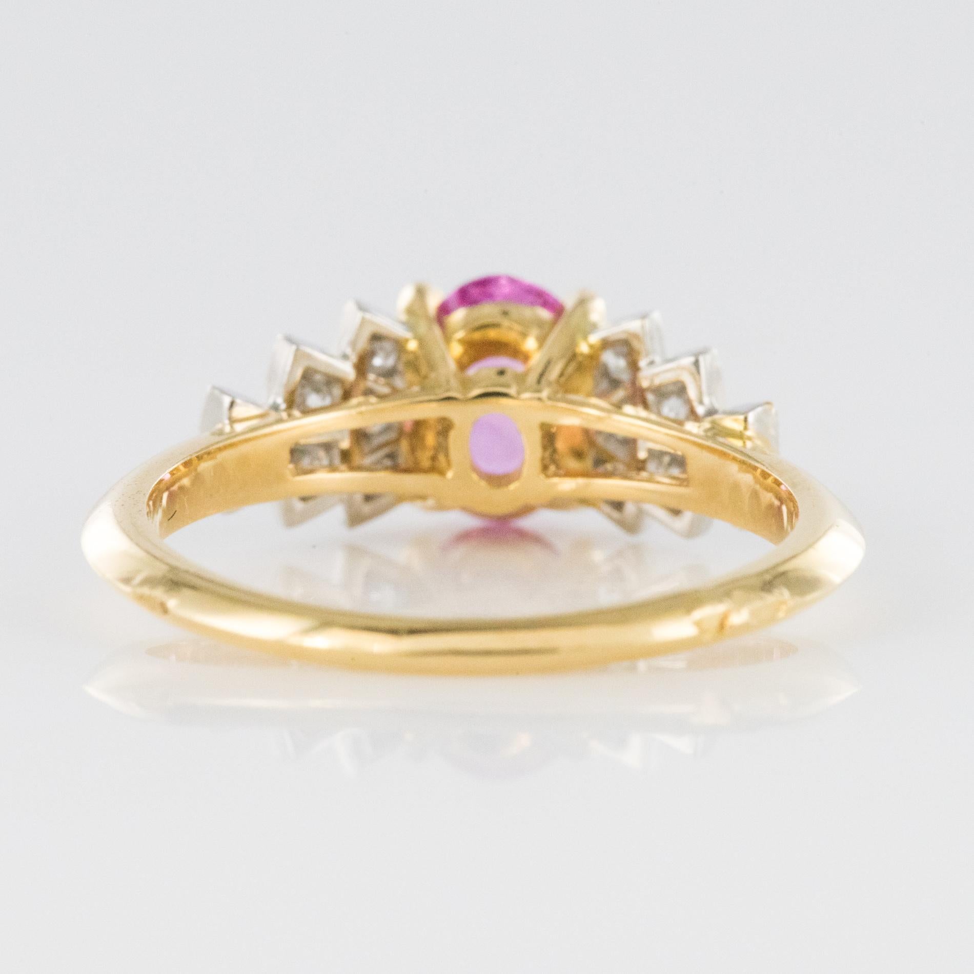 French Modern Pink Sapphire Diamonds 18 Karat Yellow Gold Ring For Sale 5