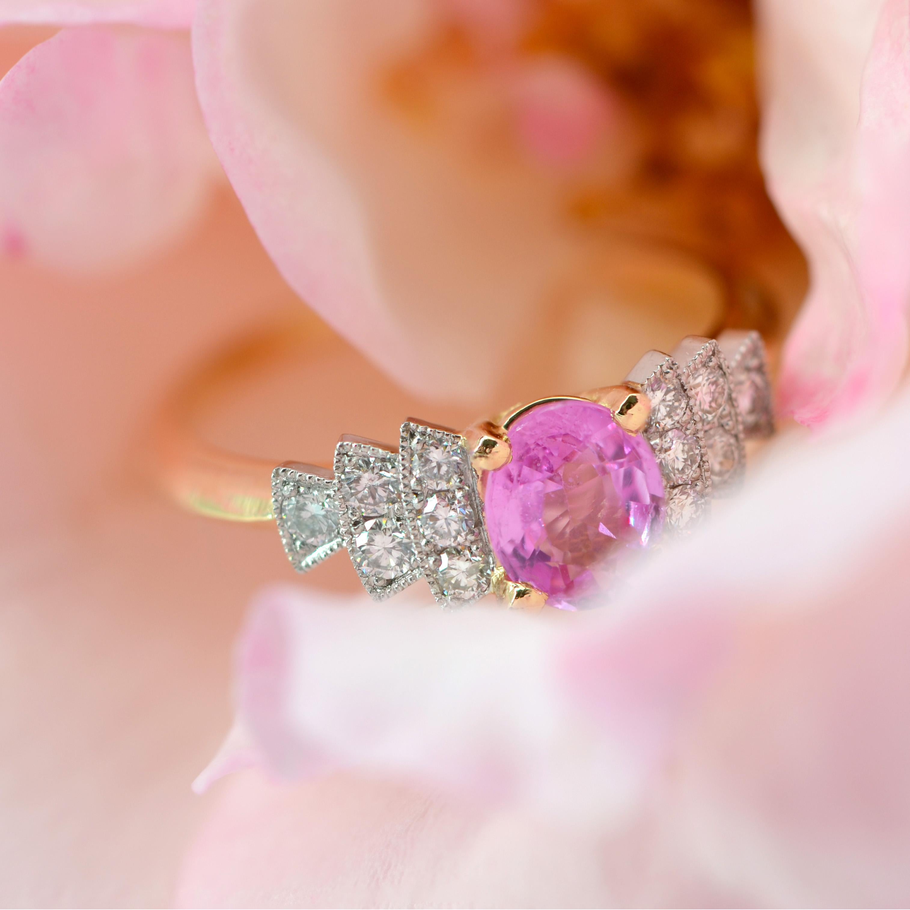 French Modern Pink Sapphire Diamonds 18 Karat Yellow Gold Ring For Sale 9