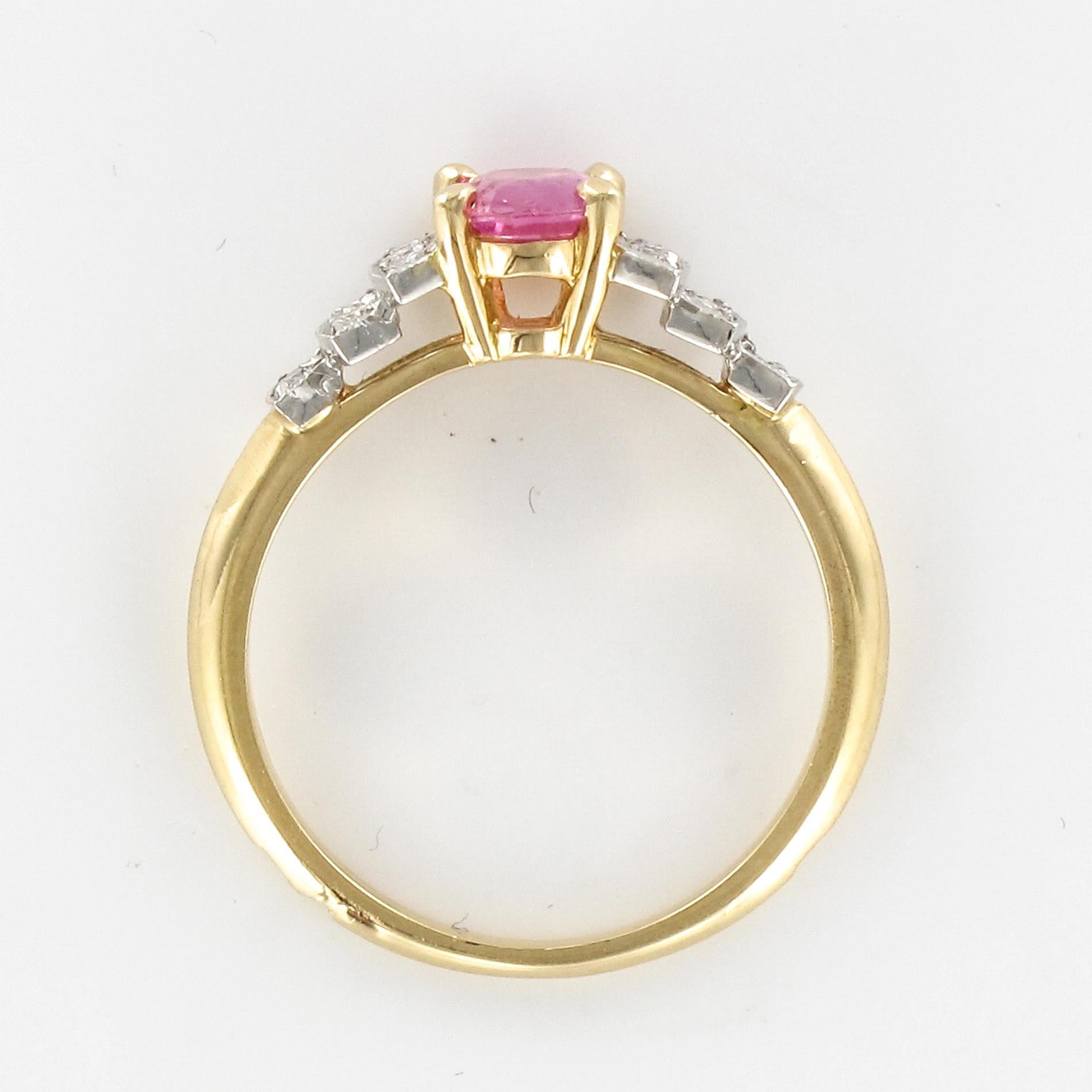 French Modern Pink Sapphire Diamonds 18 Karat Yellow Gold Ring For Sale 10