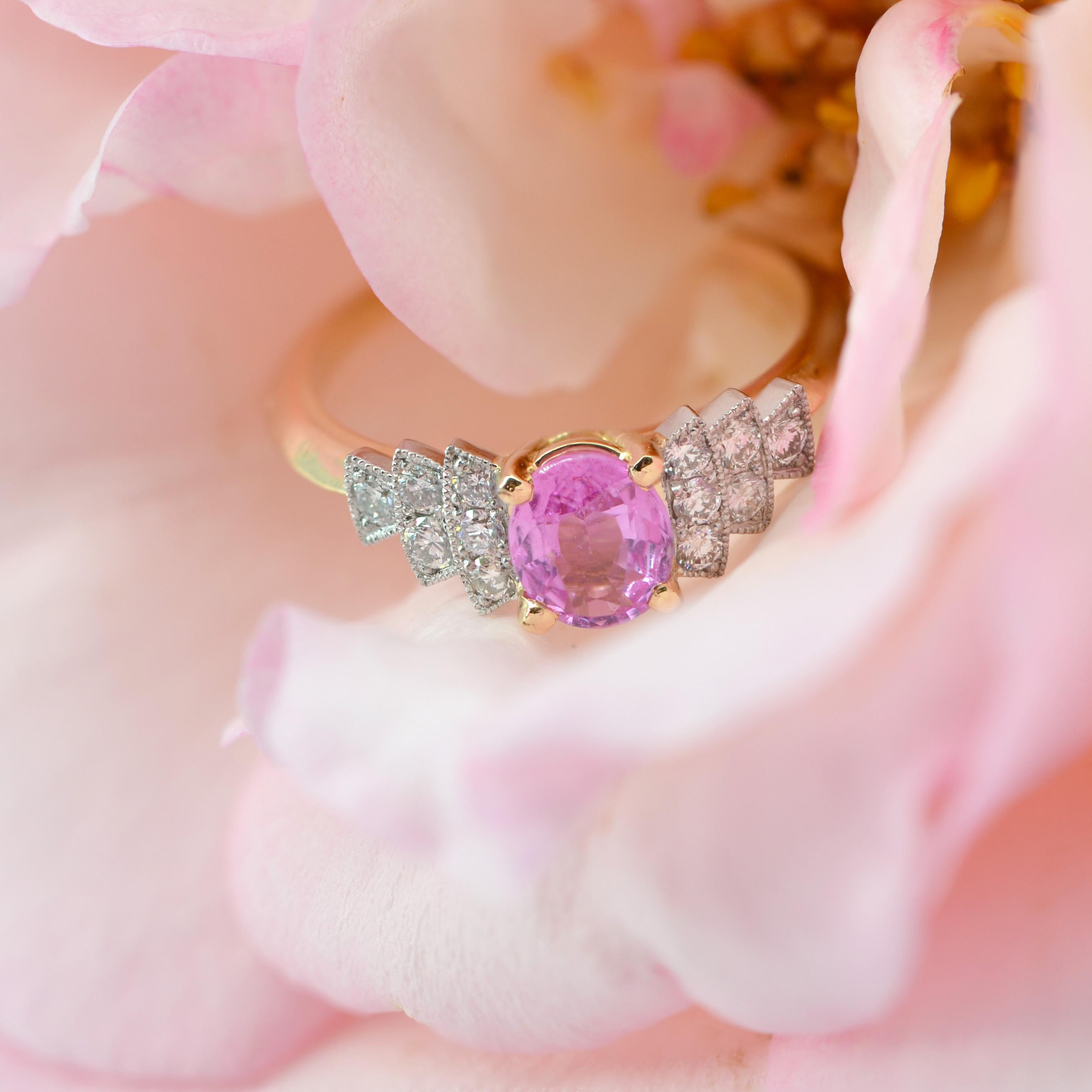 Oval Cut French Modern Pink Sapphire Diamonds 18 Karat Yellow Gold Ring For Sale