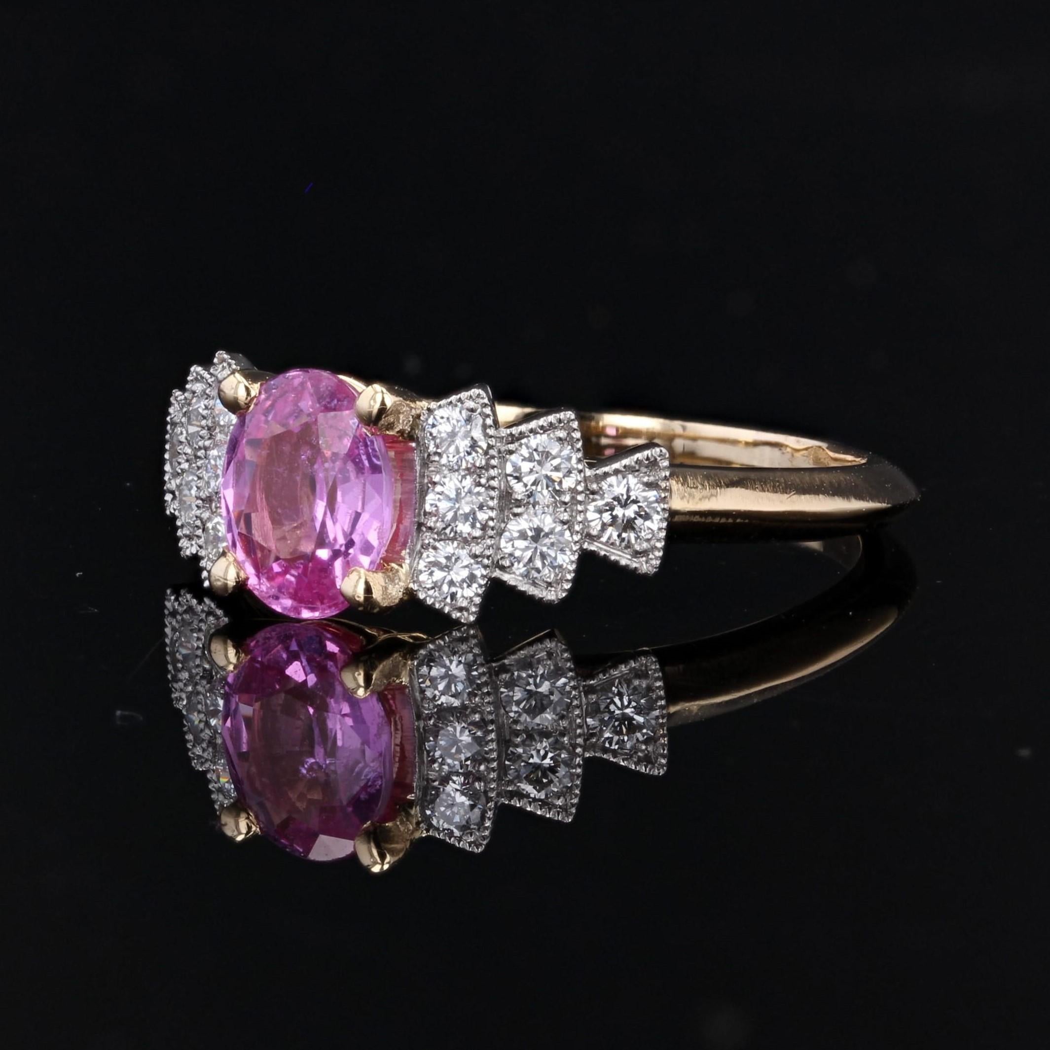 French Modern Pink Sapphire Diamonds 18 Karat Yellow Gold Ring In New Condition For Sale In Poitiers, FR
