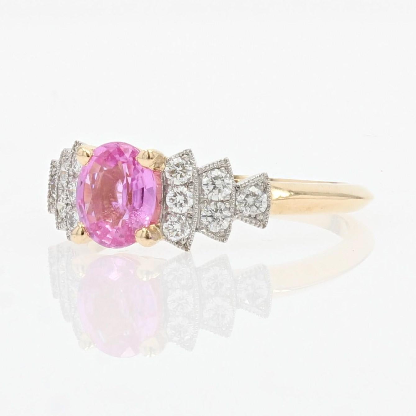 French Modern Pink Sapphire Diamonds 18 Karat Yellow Gold Ring For Sale 1