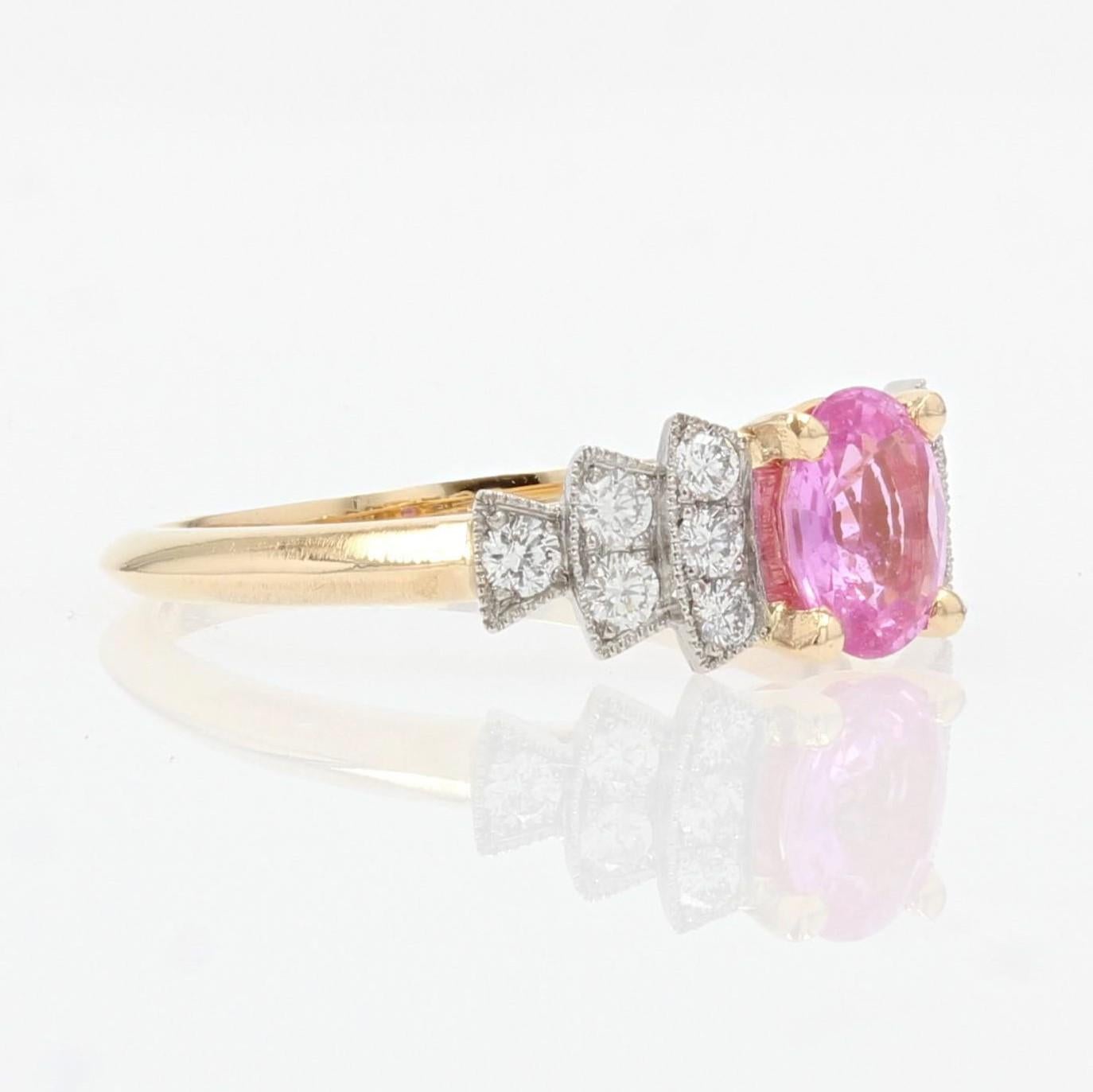 French Modern Pink Sapphire Diamonds 18 Karat Yellow Gold Ring For Sale 3