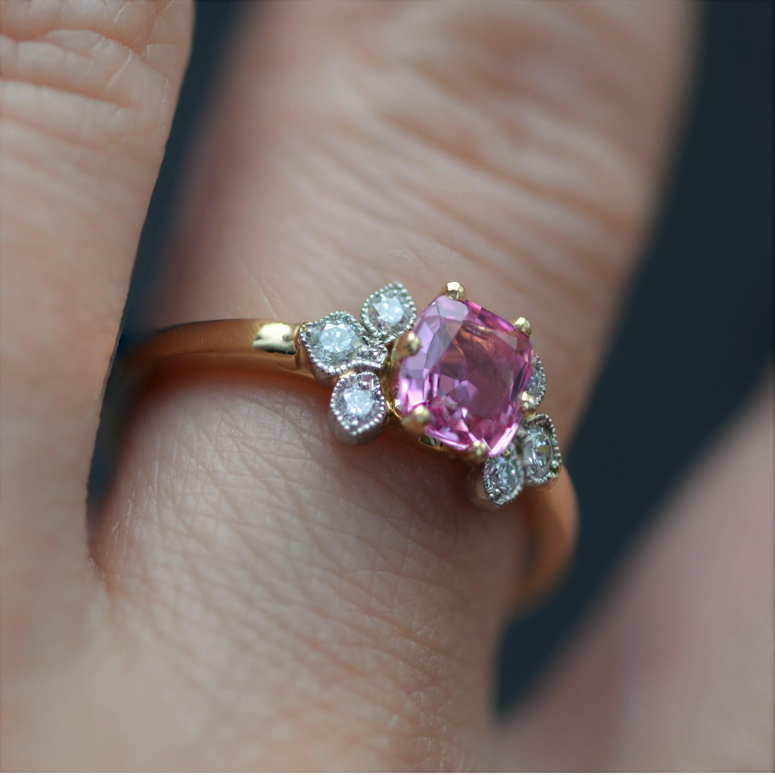 French Modern Pink Sapphire Diamonds 18 Karat Yellow Gold Thin Ring For Sale 5
