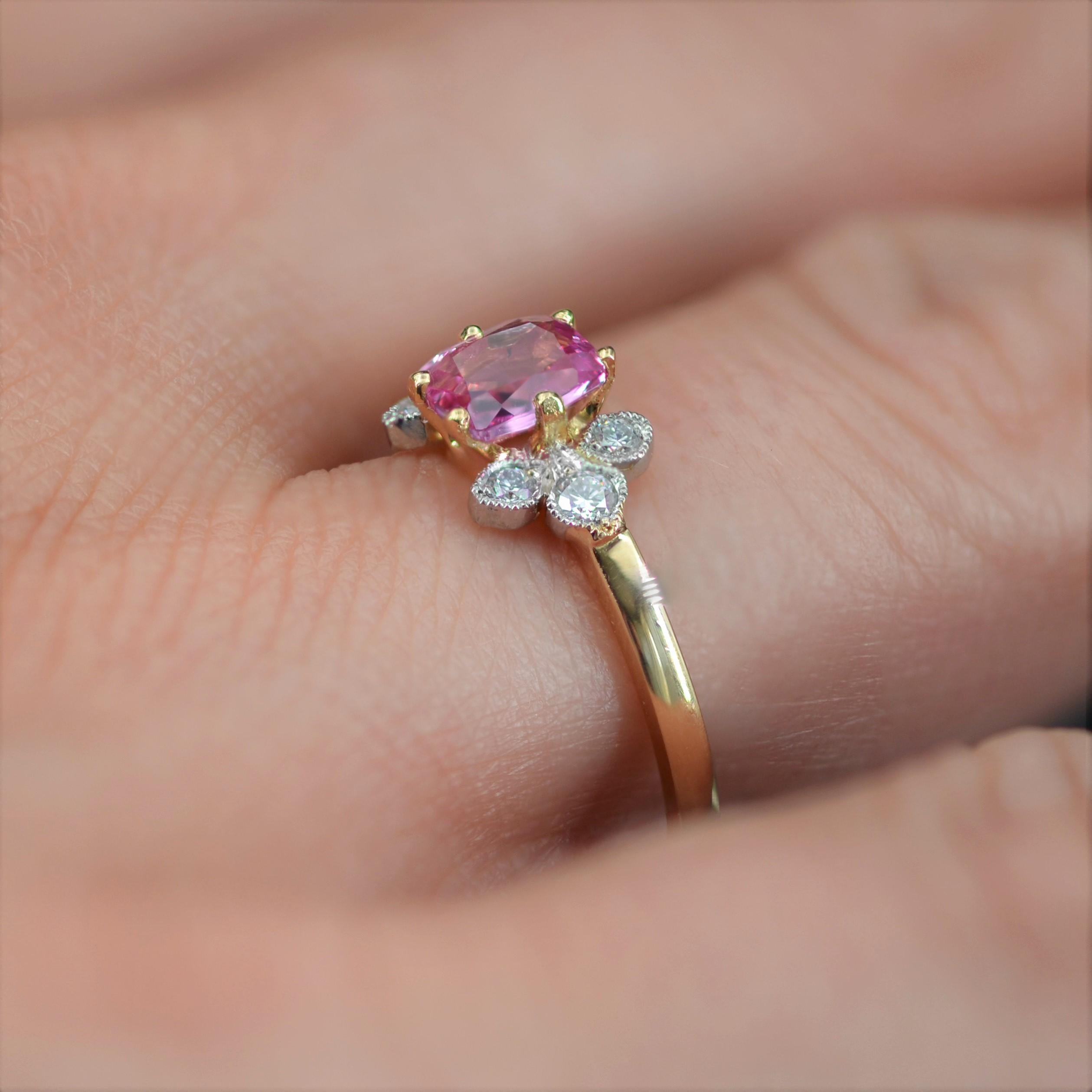 French Modern Pink Sapphire Diamonds 18 Karat Yellow Gold Thin Ring For Sale 7